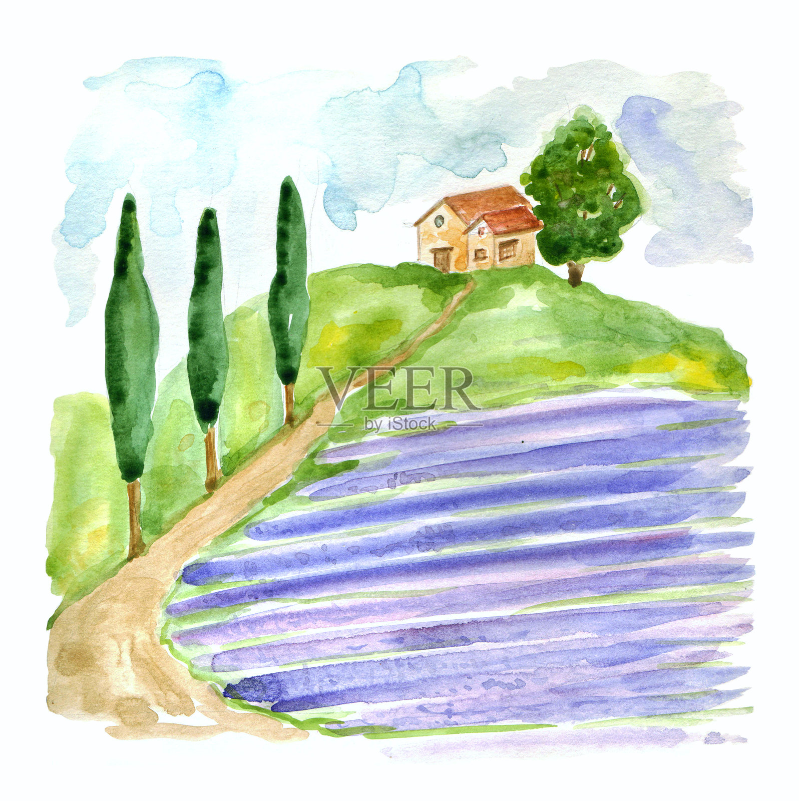 水彩插图与托斯卡纳景观薰衣草田和乡村别墅在欧罗巴。插画图片素材