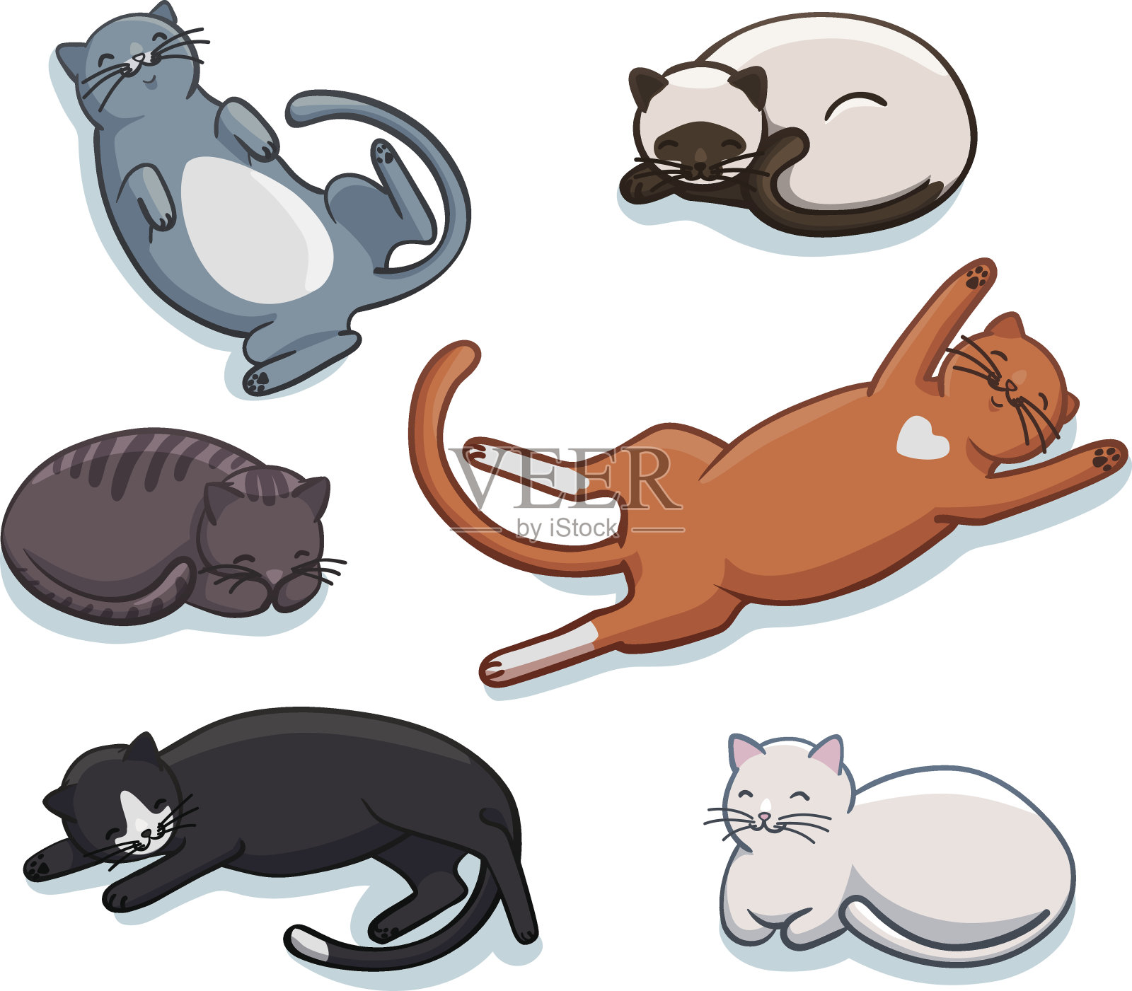 向量组可爱的睡觉的猫。不同姿势和颜色的有趣卡通猫咪插画图片素材