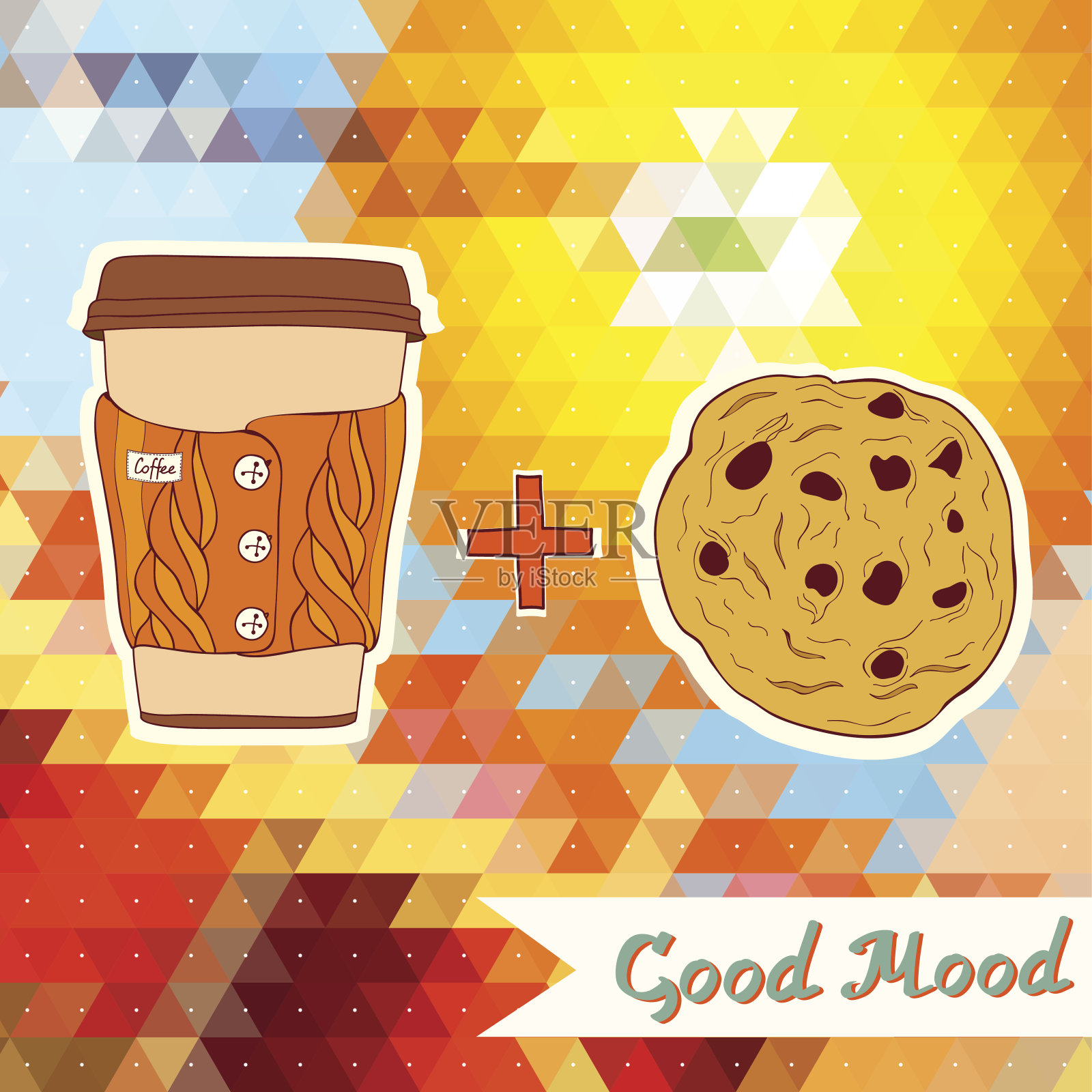 彩色背景上可爱的咖啡杯和饼干。插画图片素材