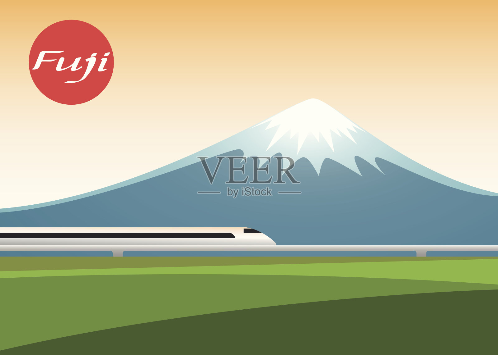 富士山和新干线火车日落。矢量图插画图片素材
