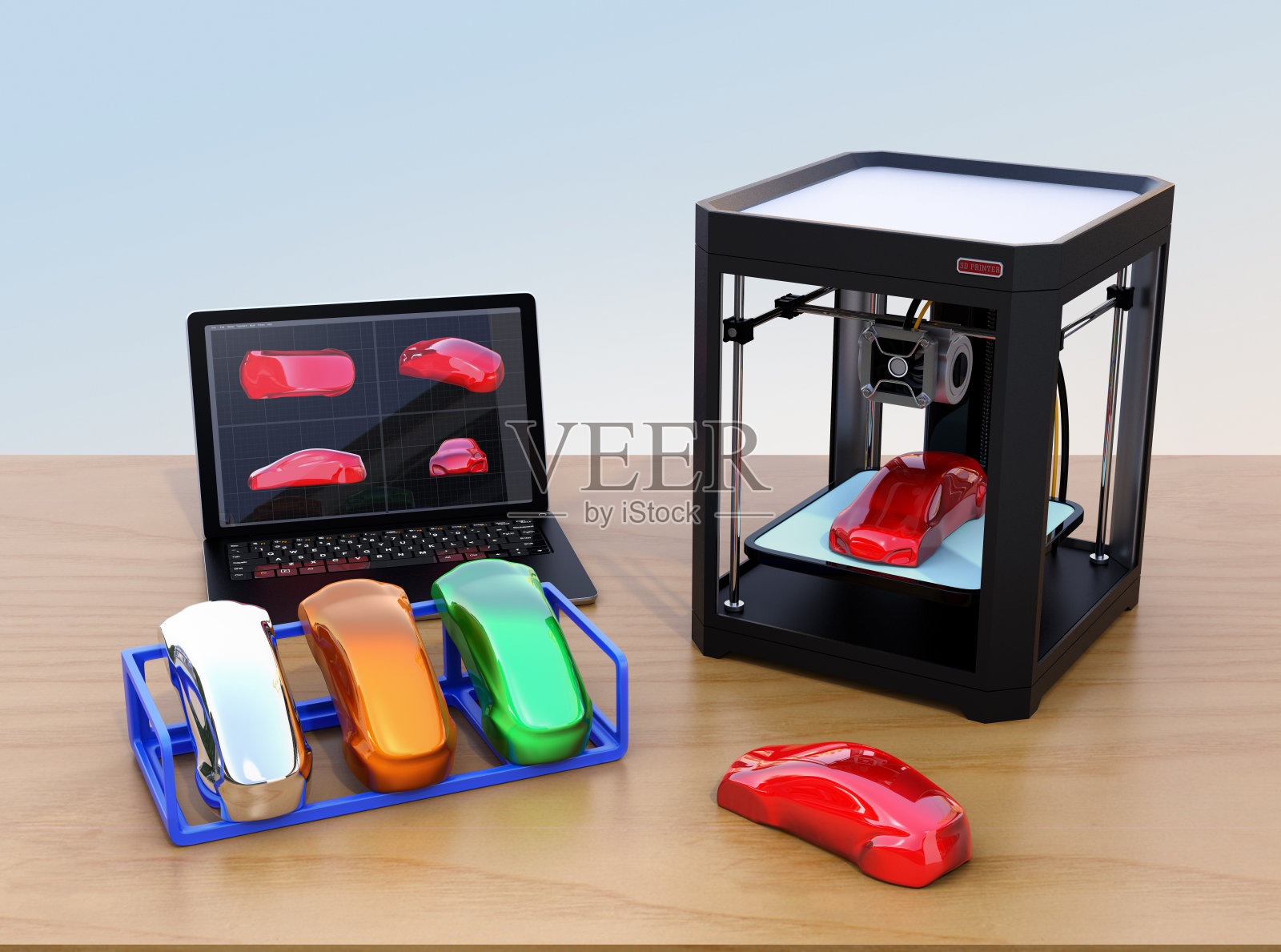 3D打印机，笔记本电脑和产品颜色样品照片摄影图片