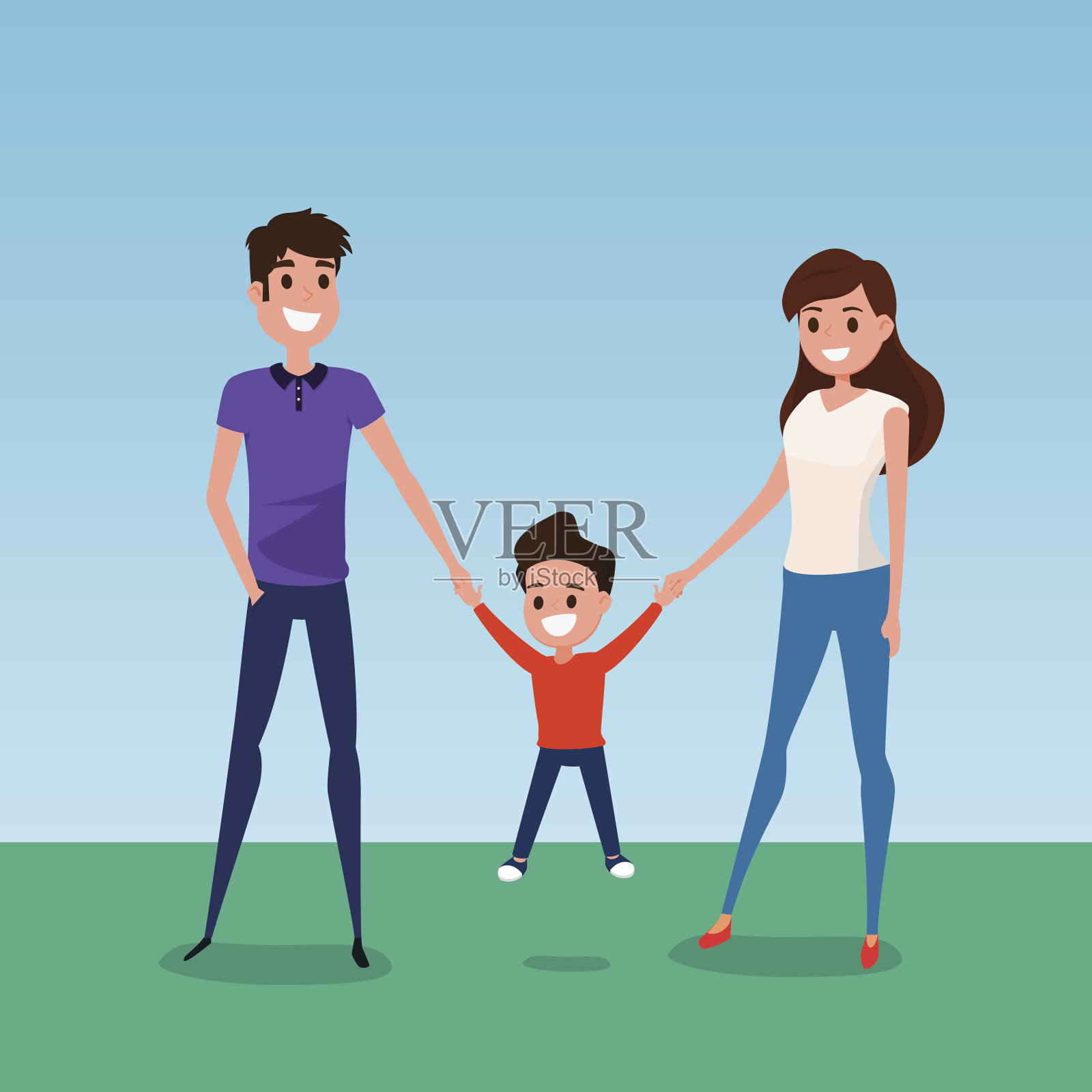 幸福一家人一起走，手牵着手。父亲，母亲和儿子。平面设计风格。插画图片素材