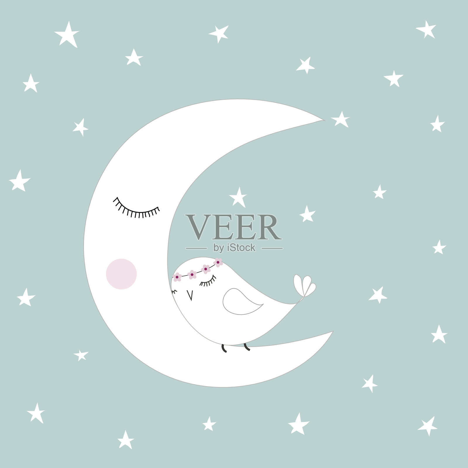 睡觉的半月形白色可爱的鸟蓝色夜空星星孩子插图房间装饰插画图片素材