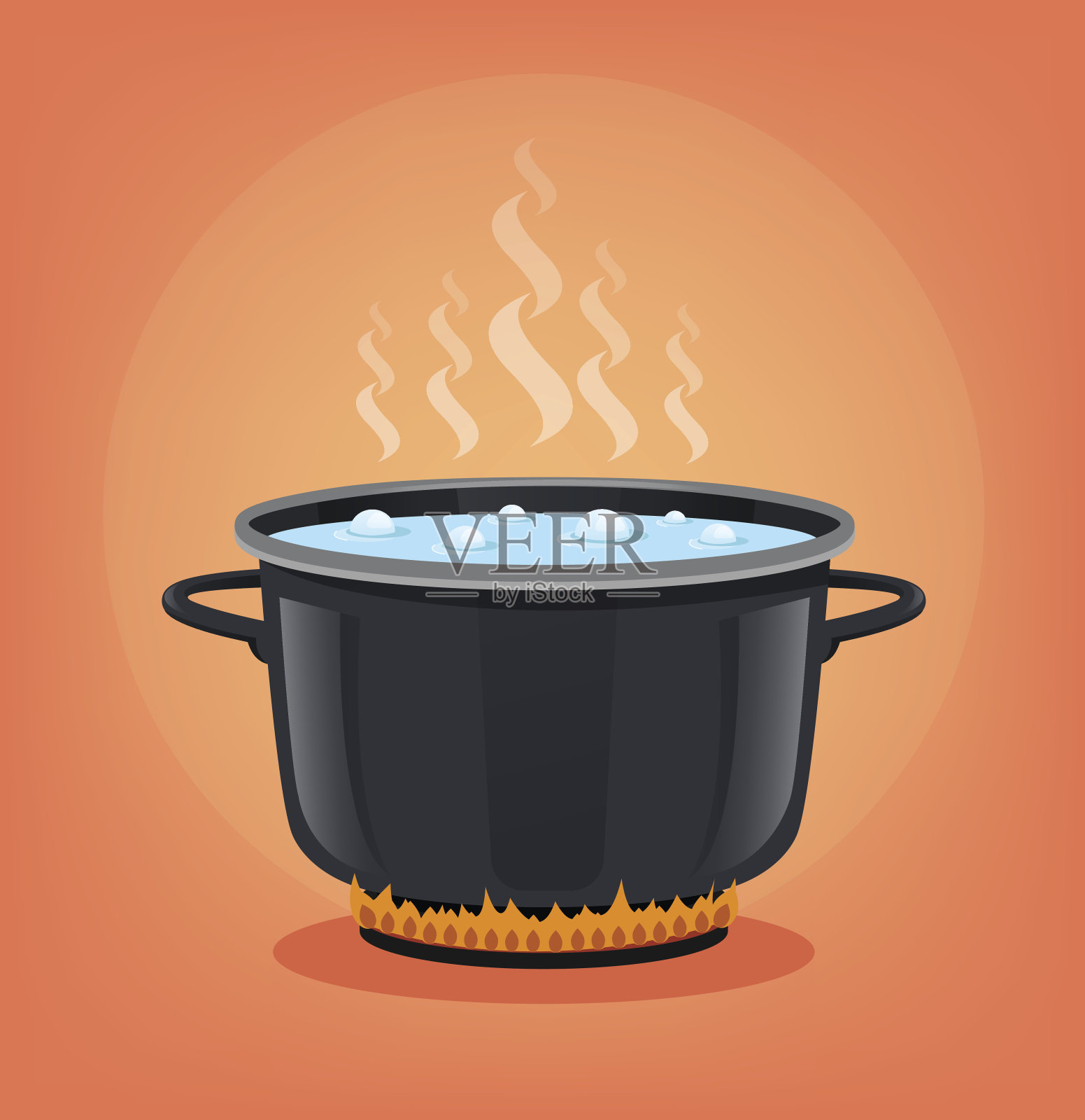 在黑锅里烧开水。烹饪概念插画图片素材