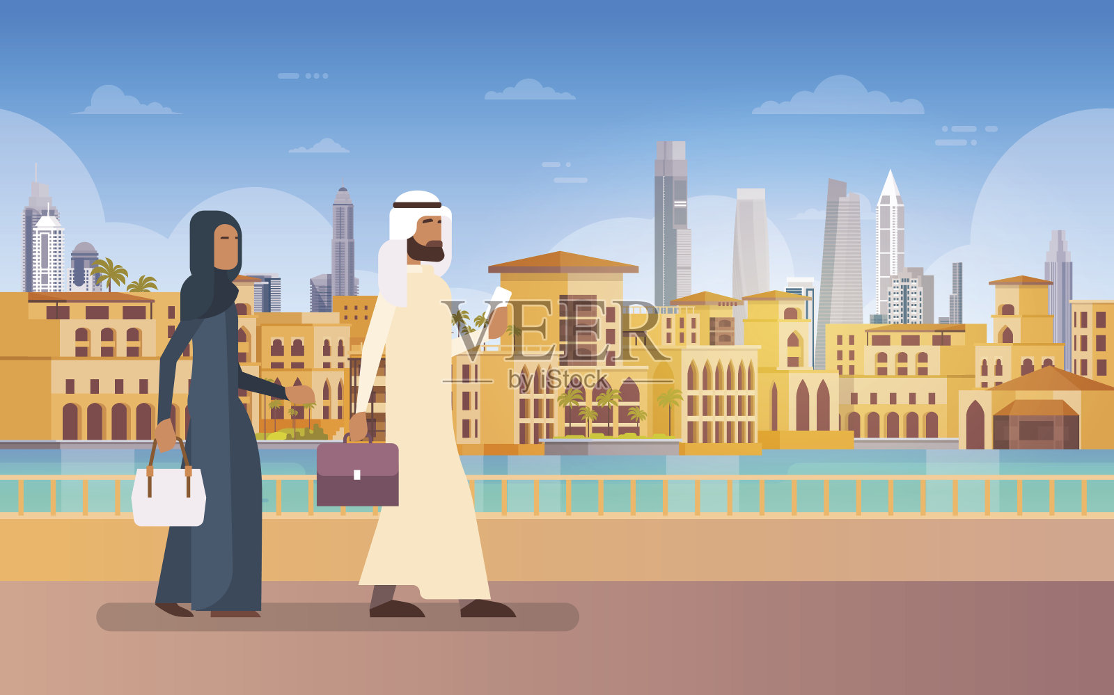 阿拉伯夫妇步行迪拜，现代建筑城市景观天际线全景商务旅行和旅游概念插画图片素材
