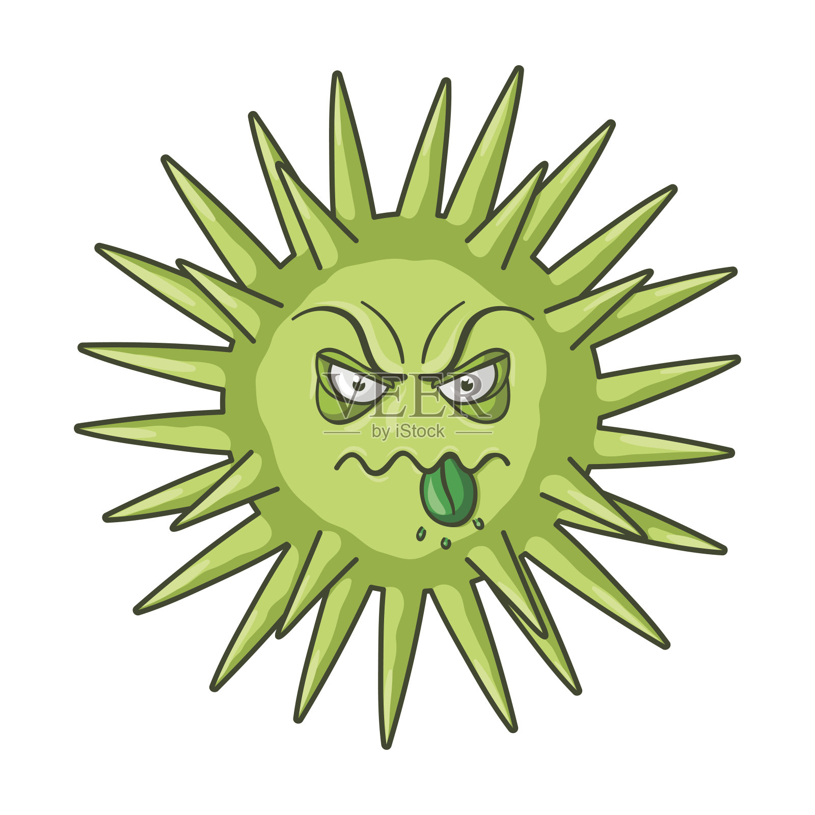 卡通风格的绿色病毒图标，隔离在白色背景上。病毒和细菌符号股票矢量插图。插画图片素材