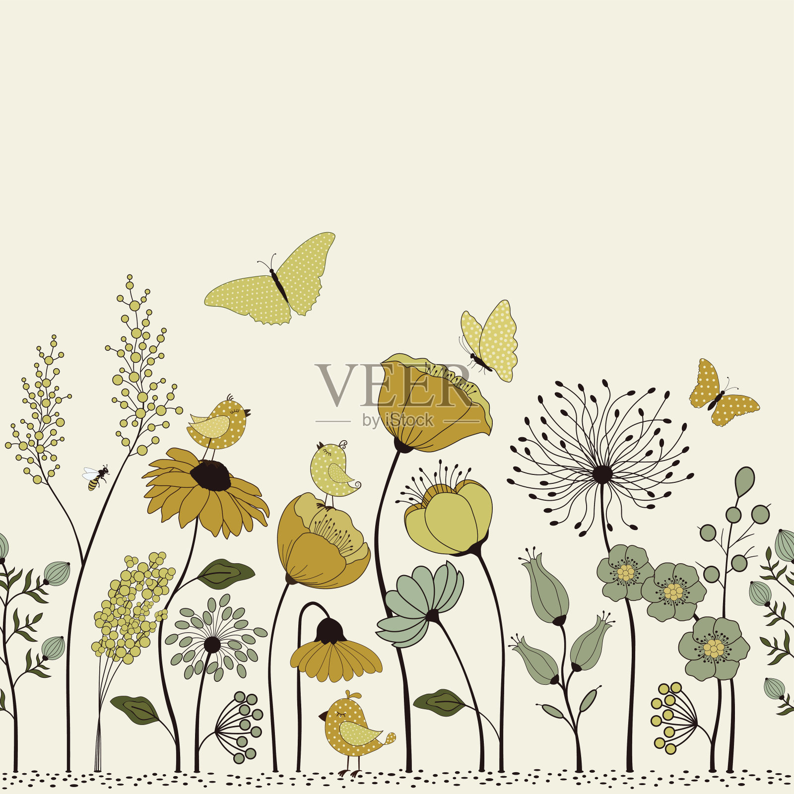 花卉无缝图案与鸟和蝴蝶插画图片素材