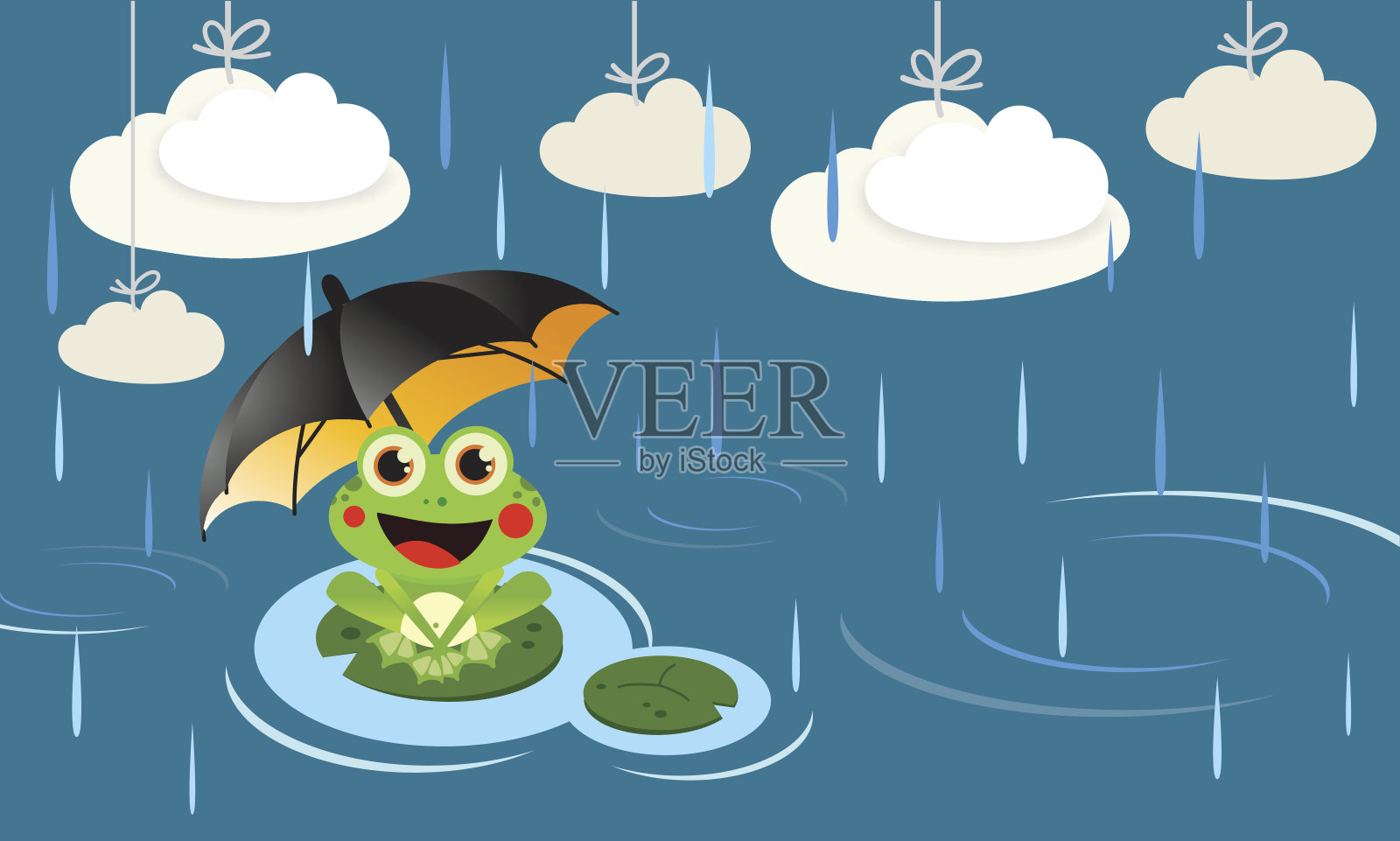 青蛙在雨中打着伞插画图片素材
