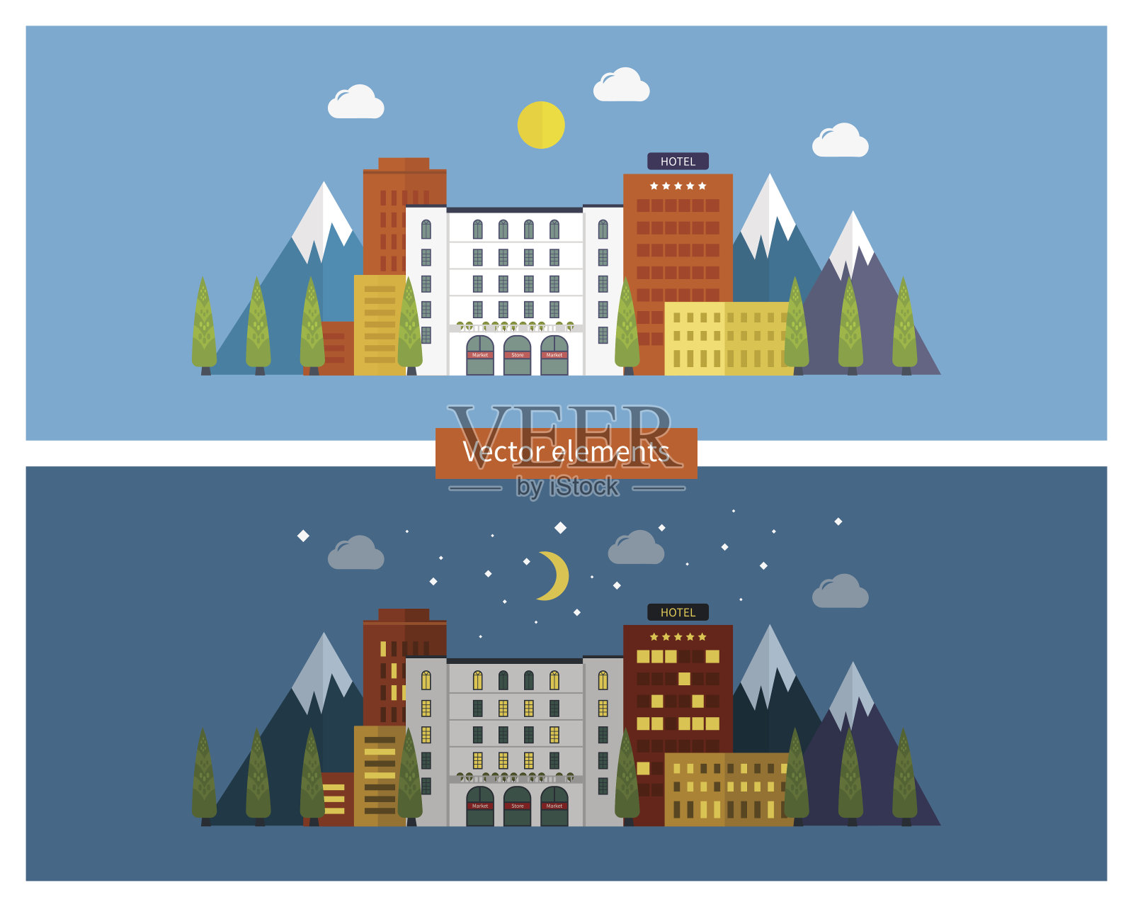 平面插图图标设置的城市景观和城市生活插画图片素材