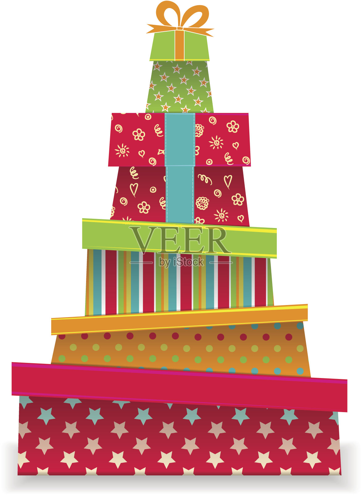 一堆彩带和蝴蝶结的彩色礼盒。很多礼物。孤立的矢量插图上的白色背景。插画图片素材