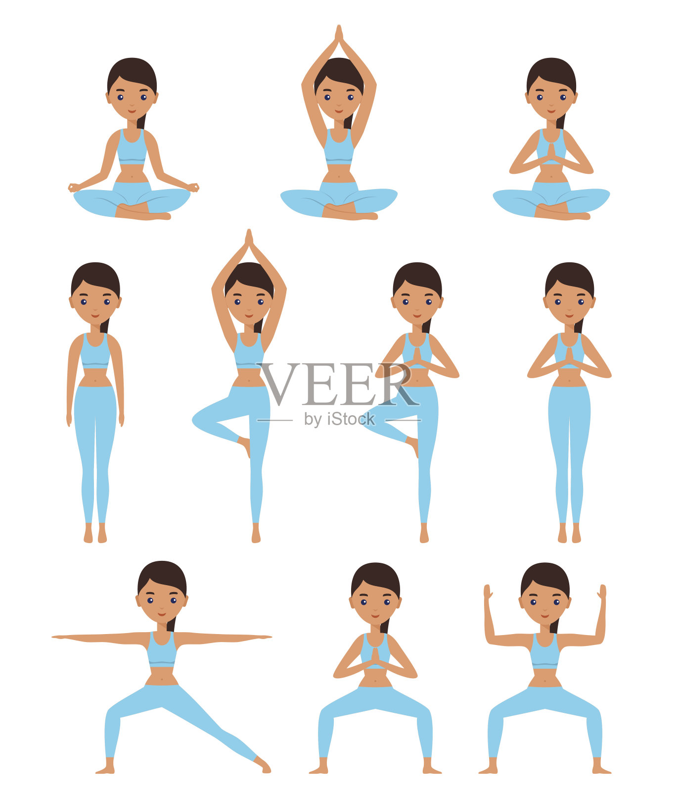 女人站在不同的瑜伽姿势。矢量插图。插画图片素材