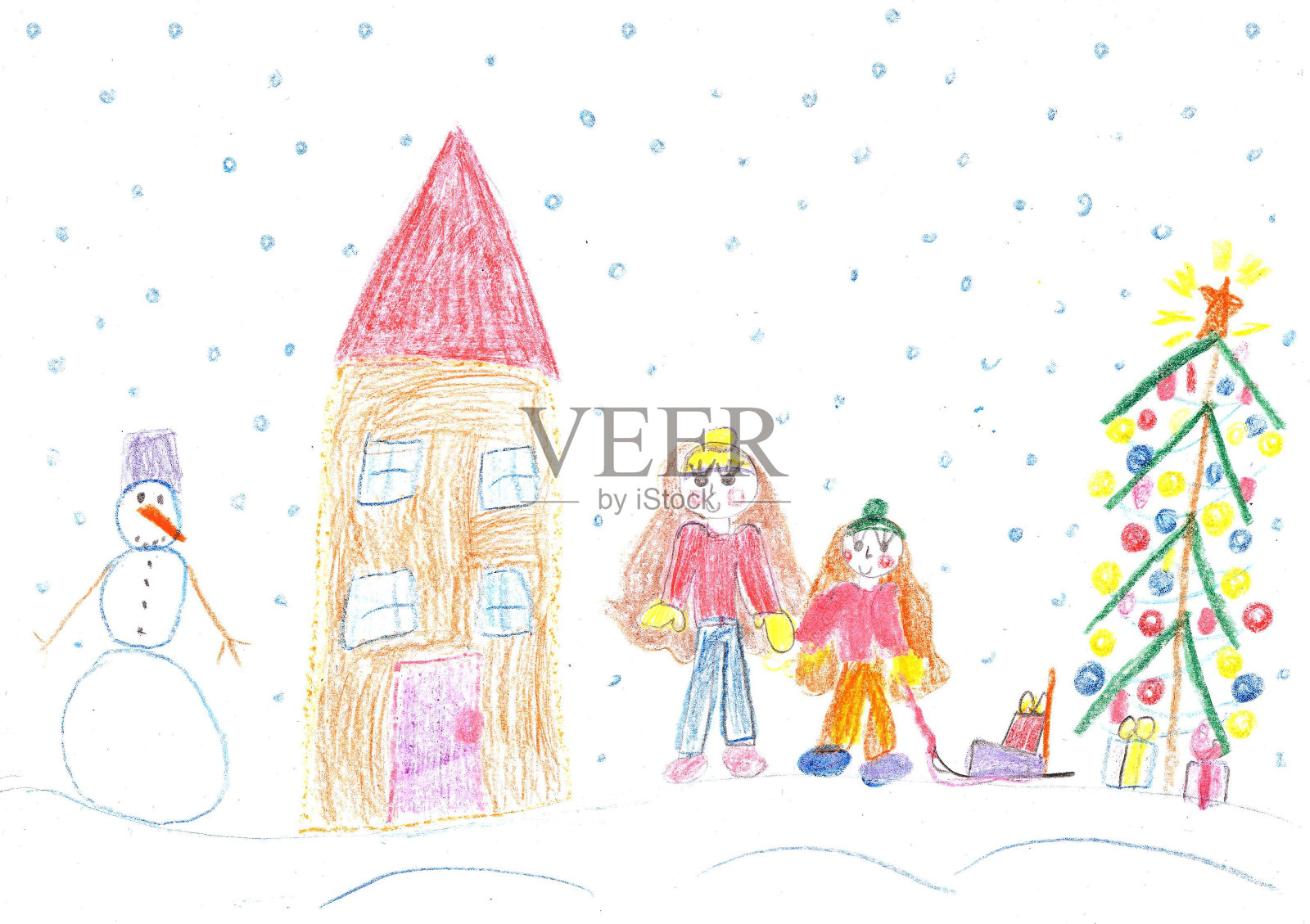 孩子们在冬天玩，坐雪橇插画图片素材