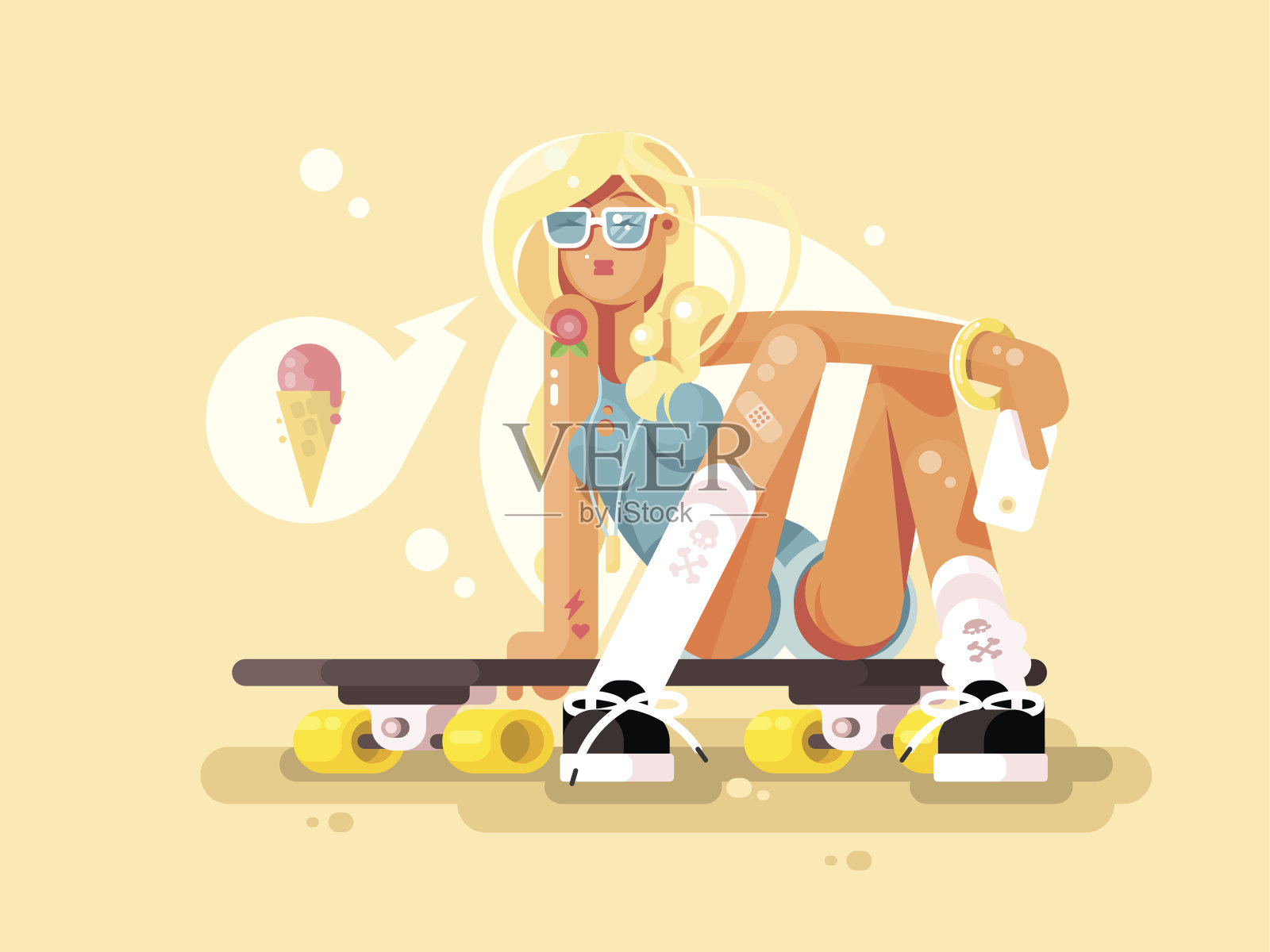 女孩滑板设计平插画图片素材