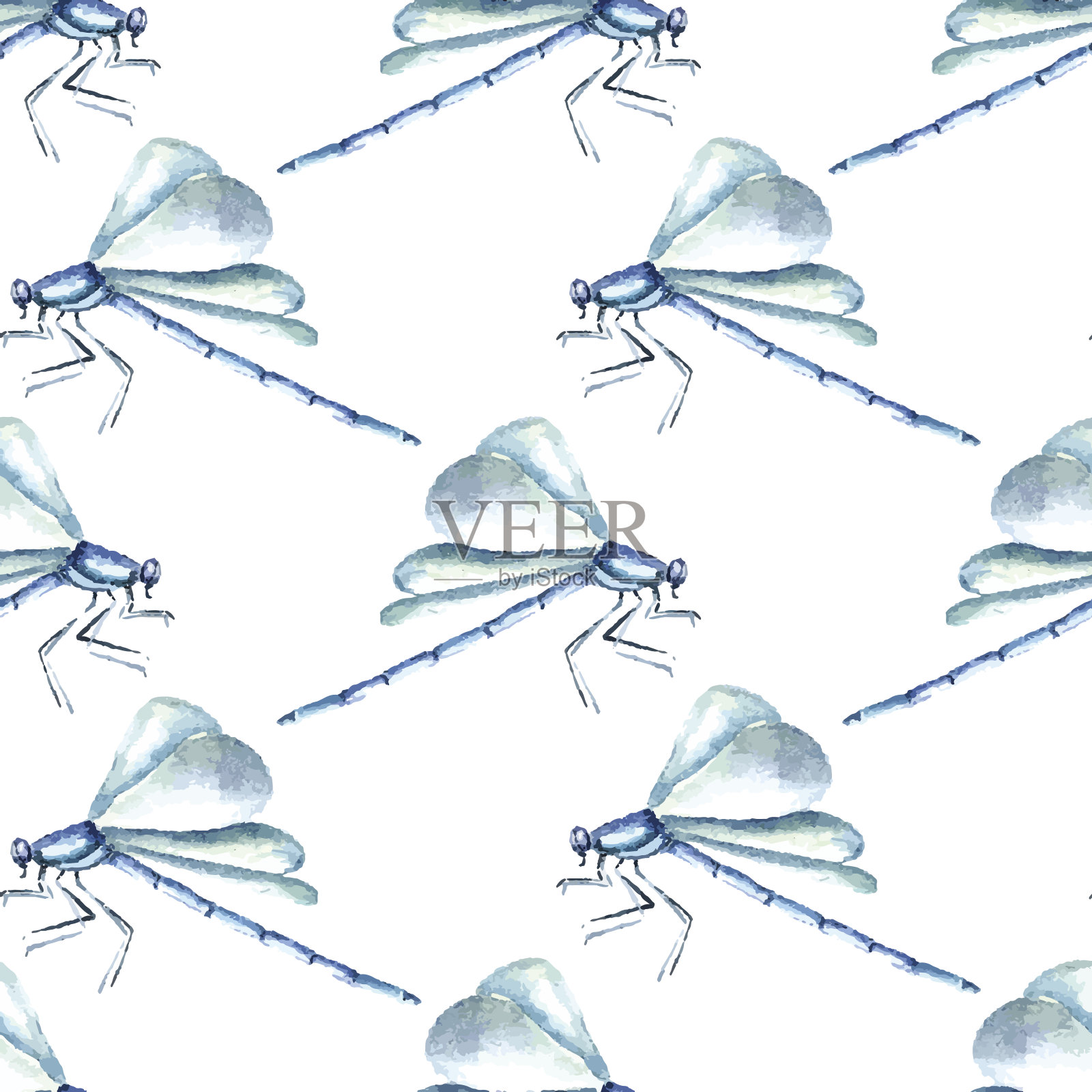 水彩蜻蜓插图。无缝模式插画图片素材