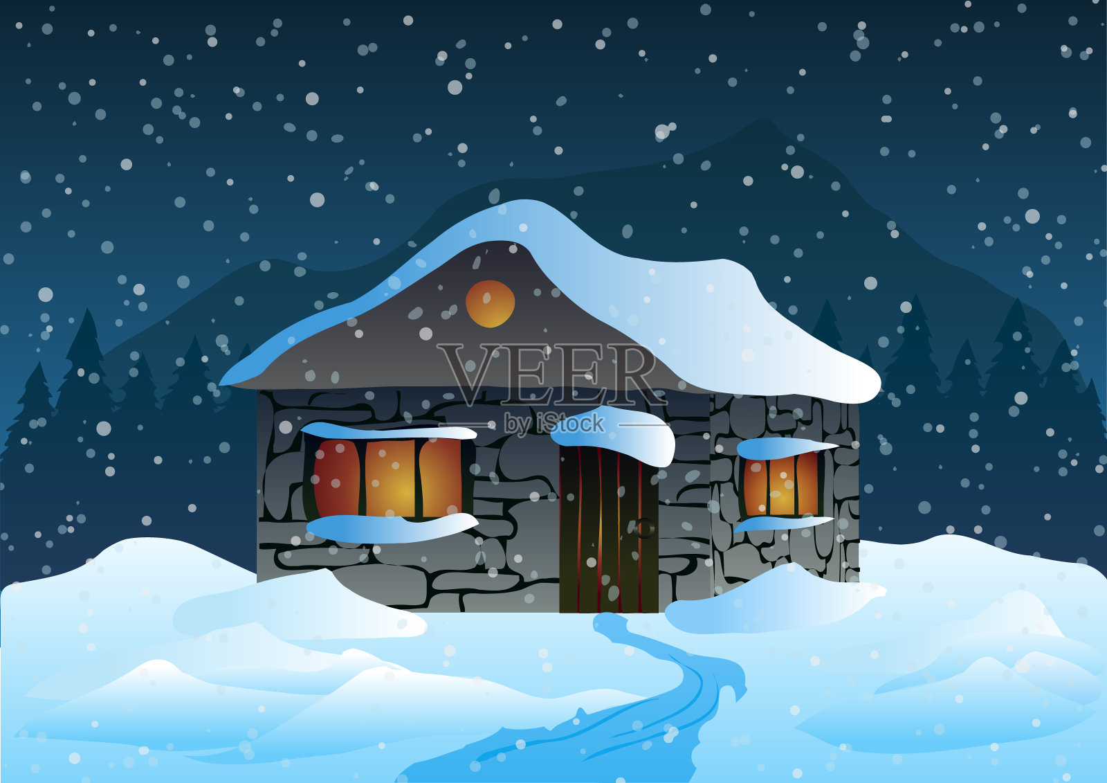 晚上在雪地里和山上的房子。插画图片素材