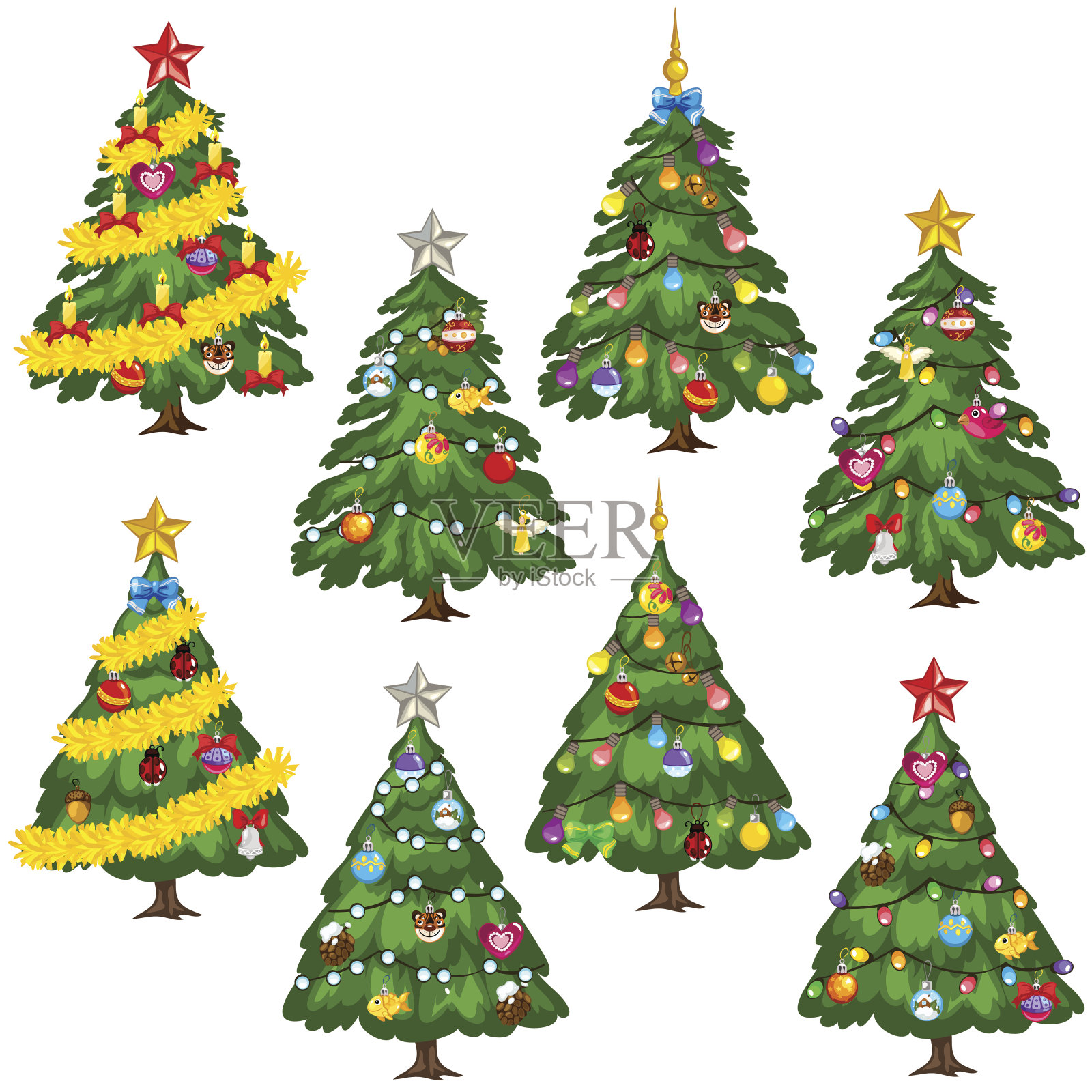 大设置绿色圣诞树在白色的背景插画图片素材
