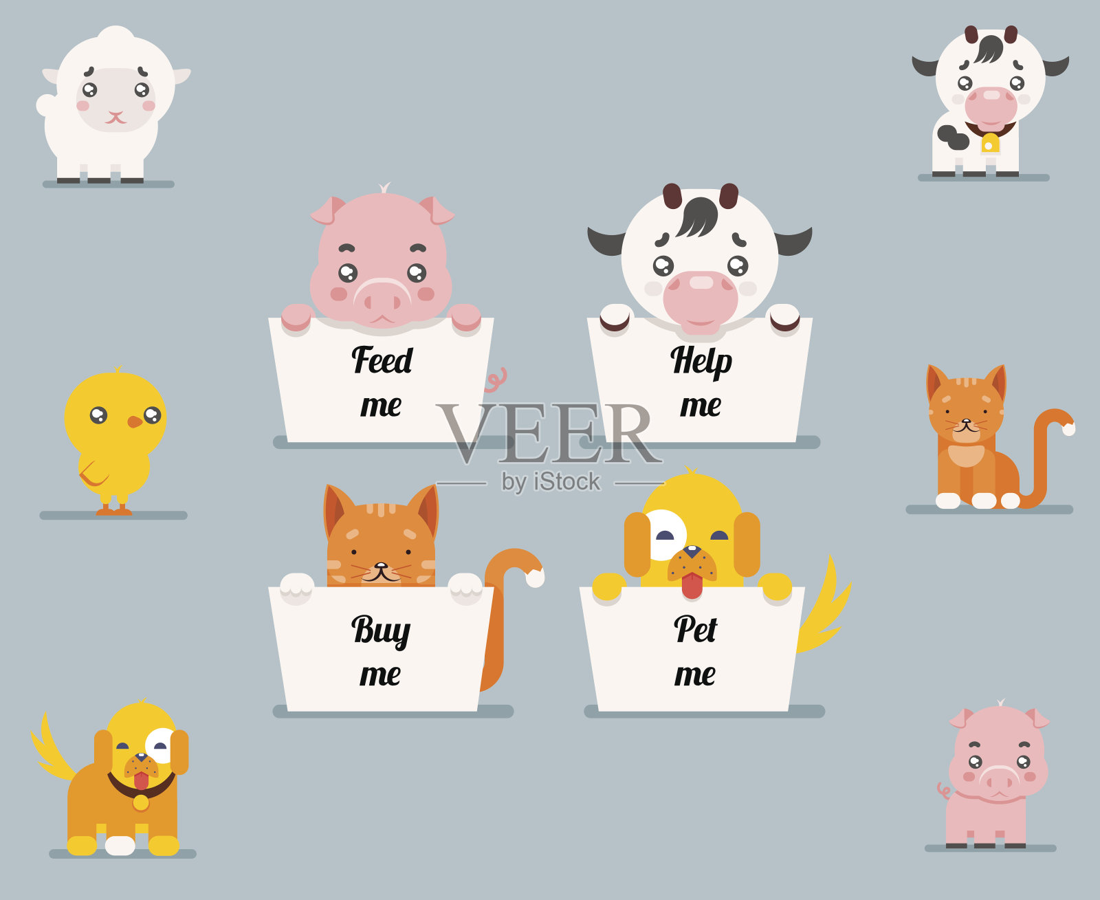 可爱的小乞丐动物帮助猫狗猪牛羊鸡卡通平面设计人物设置矢量插图插画图片素材