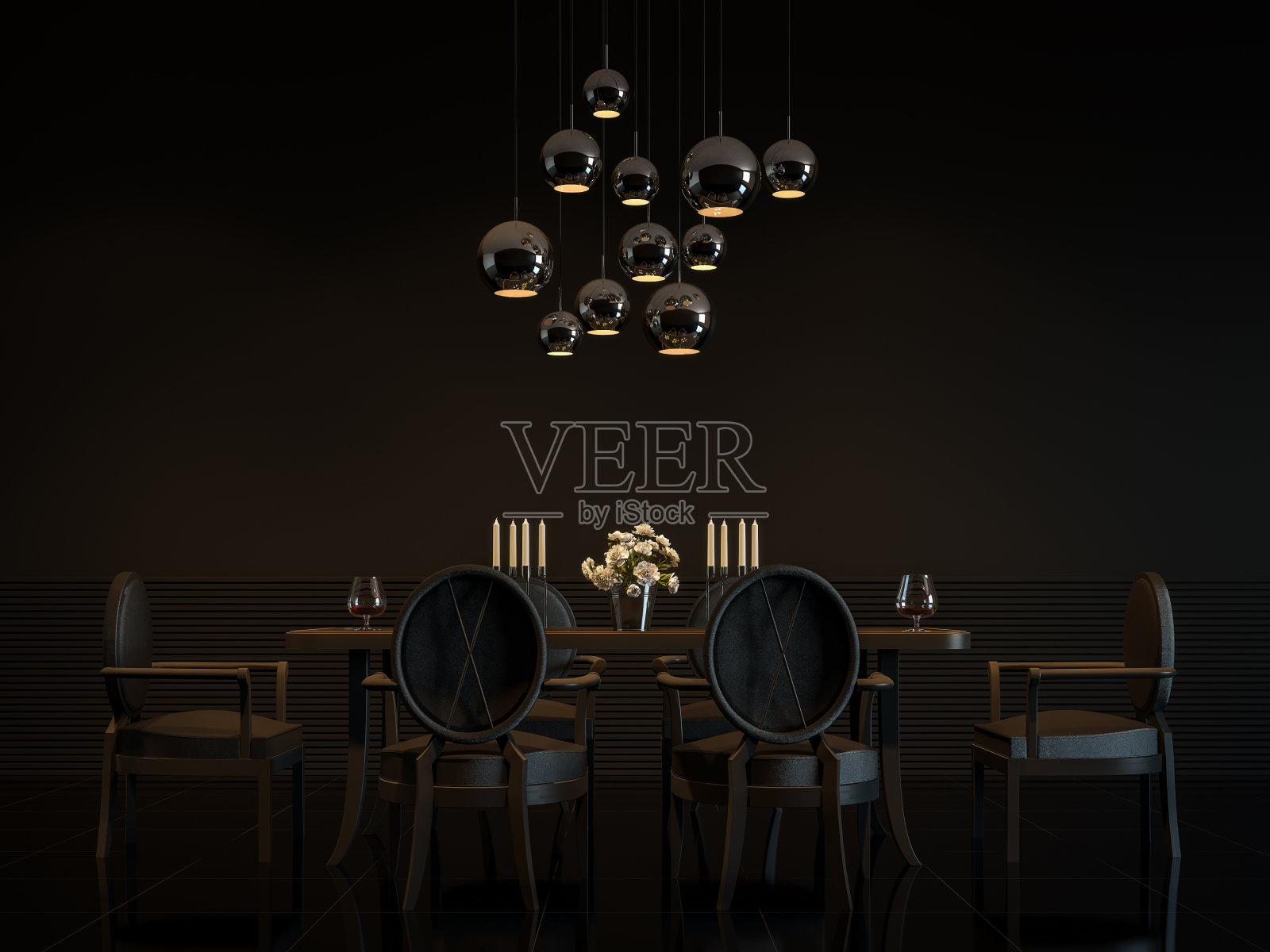 现代豪华黑色餐厅室内3D渲染图像照片摄影图片
