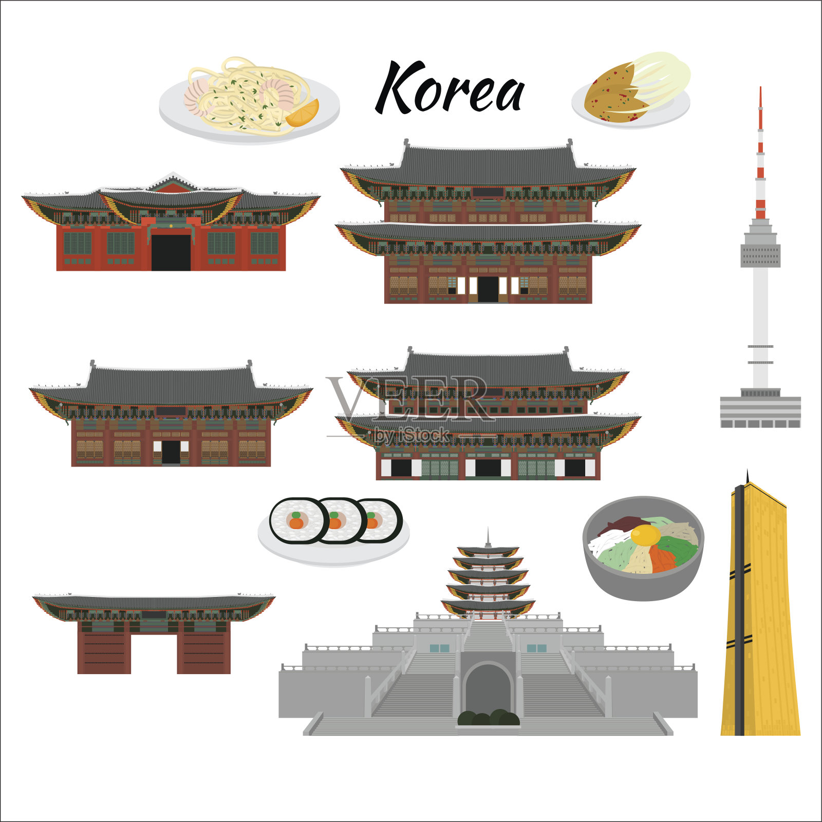 韩国国家设计平面卡通元素。旅游地标，首尔旅游胜地。世界度假旅游城市观光亚洲大厦收藏。亚洲建筑孤立。街头食品菜单。插画图片素材