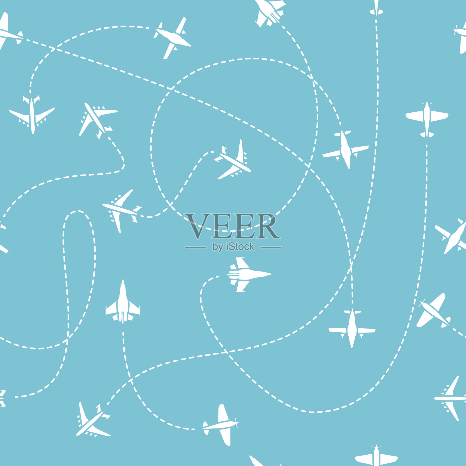 飞机旅行的无缝模式。世界旅行蓝色无尽矢量背景虚线路径线插画图片素材