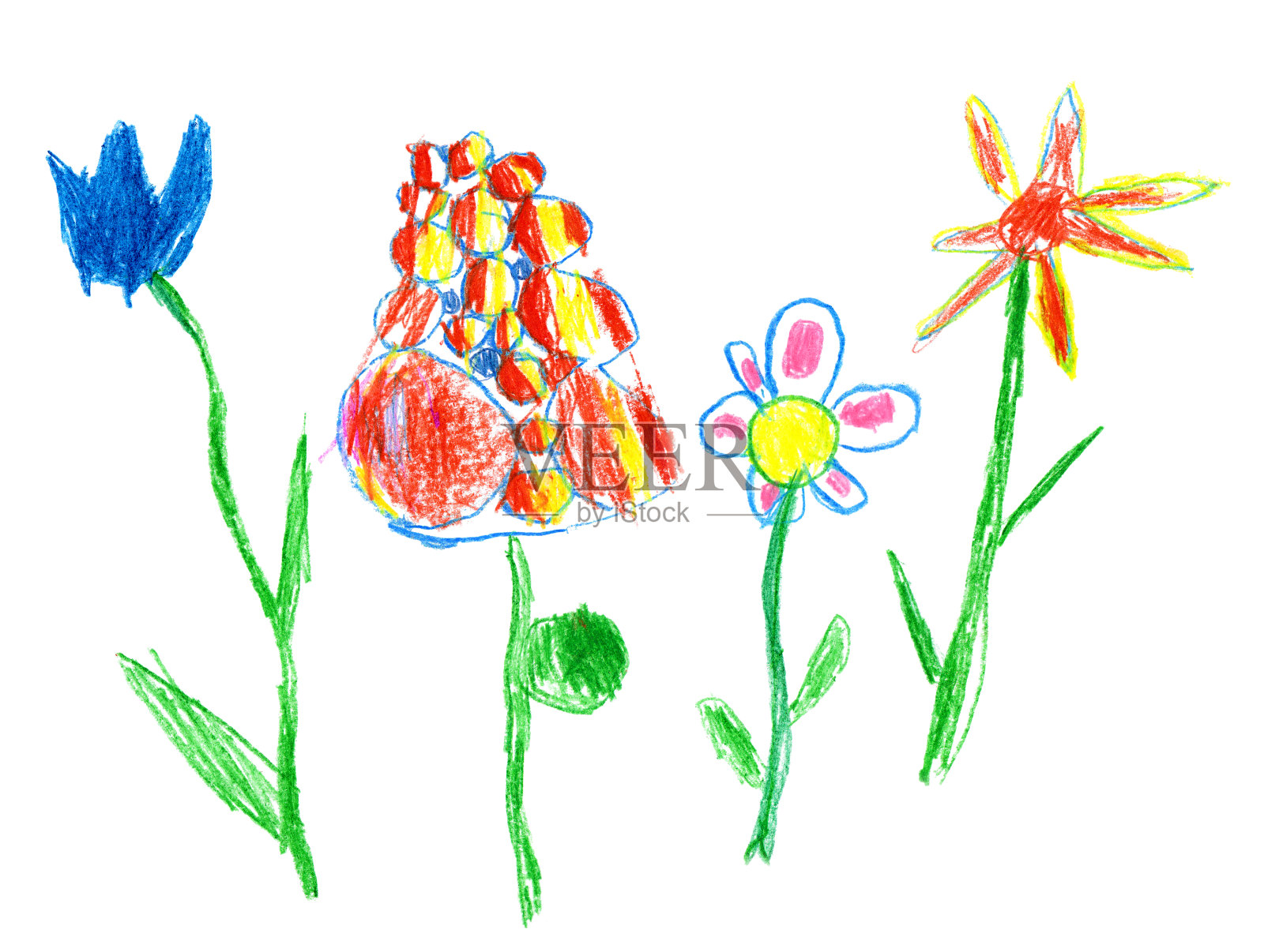 铅笔和蜡笔像孩子在白色上画五颜六色的花朵。像孩子画的粉笔盛开的花朵集。可爱的孩子喜欢画春天的草地。插画图片素材