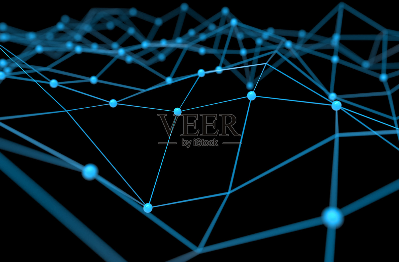 区块链网络，机器学习，深度学习和神经网络的概念。蓝色分布式连接原子，黑色背景，3d渲染照片摄影图片