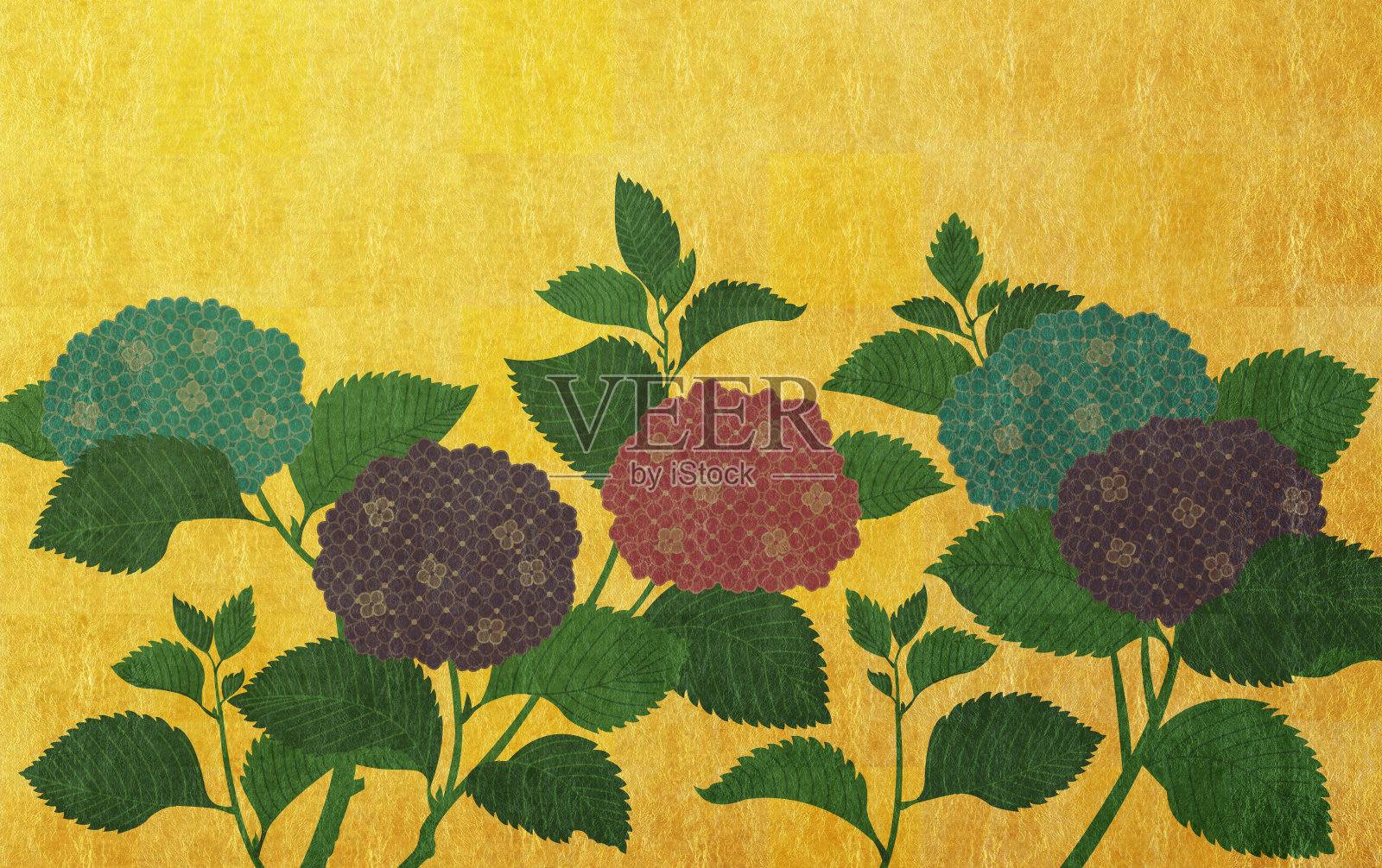 绣球花在金叶背景上插画图片素材