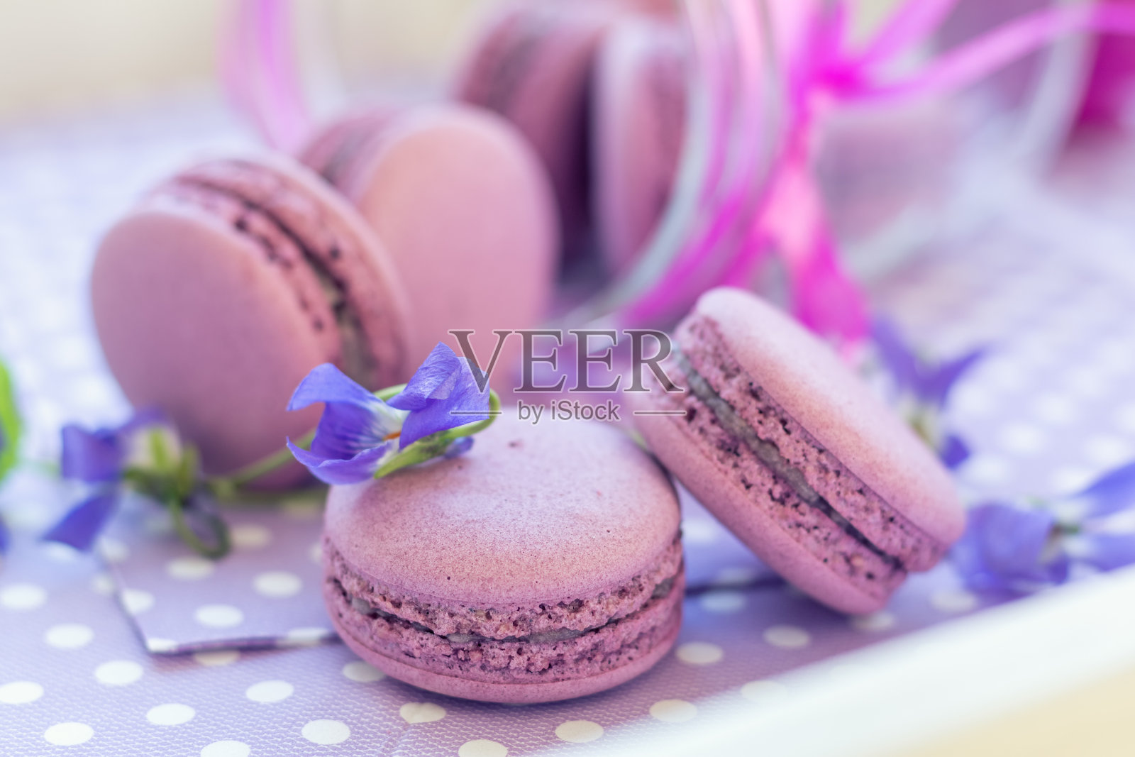 紫罗兰色，甜甜的，美味的杏仁饼干和新鲜的堇菜照片摄影图片