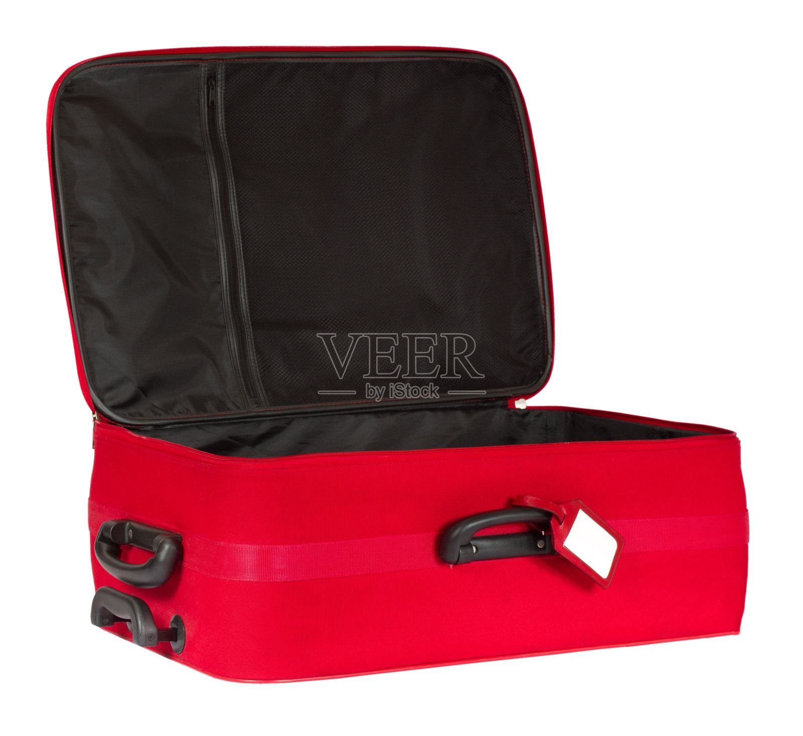 手提箱，打开的空旅行行李，红色行李袋与标签，孤立的白色照片摄影图片