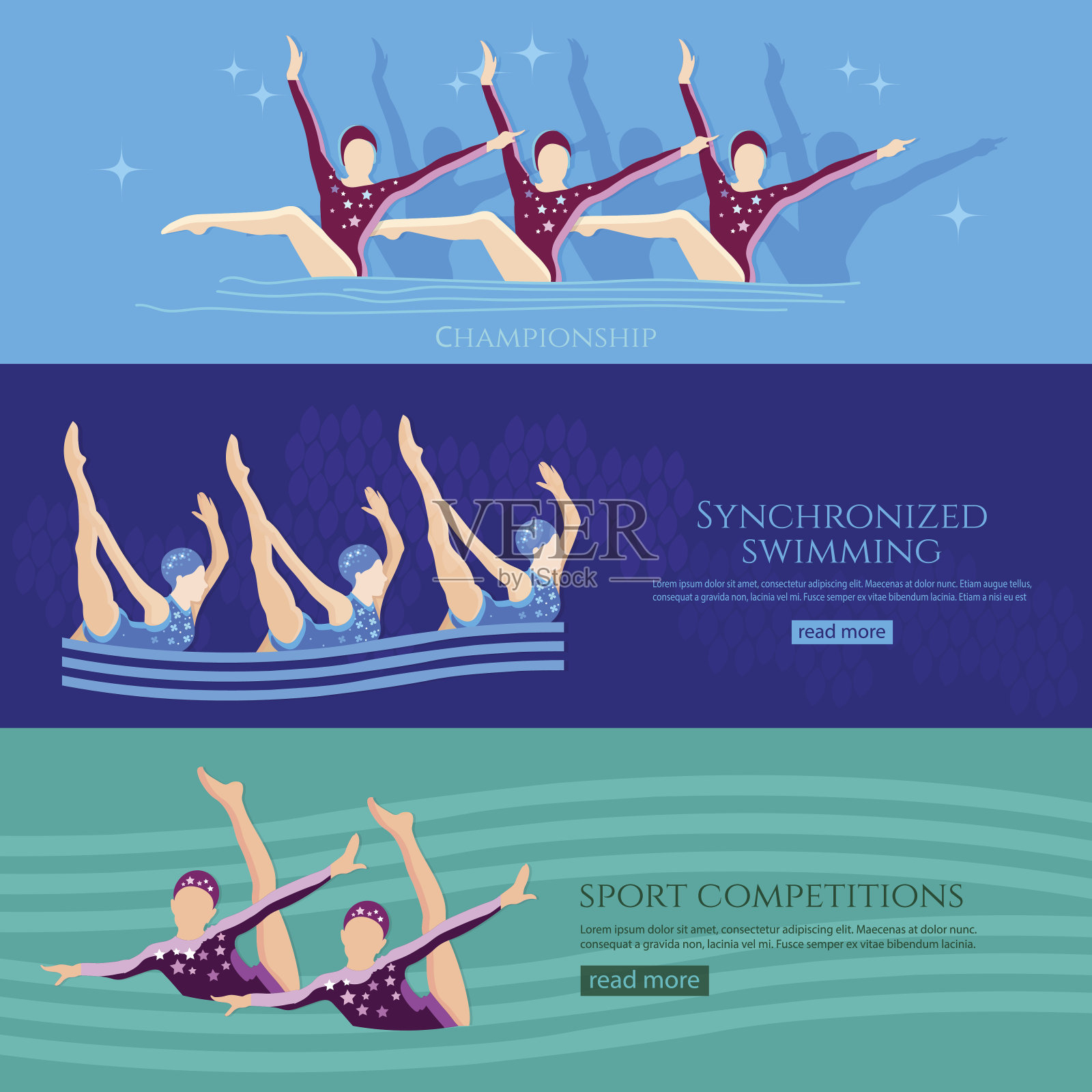 花样游泳横幅水上运动。专业女子花样游泳队在水中表演插画图片素材