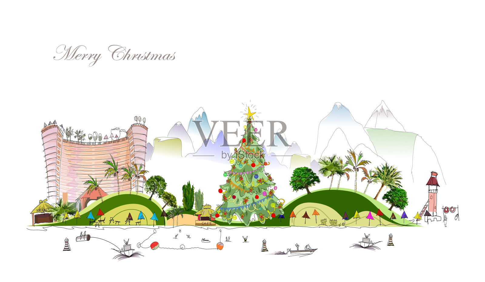 圣诞期间，豪华海滩俱乐部酒店插画城行收藏插画图片素材