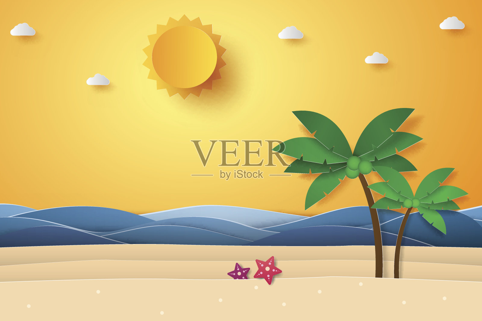 夏天，海面上有沙滩和椰子树插画图片素材