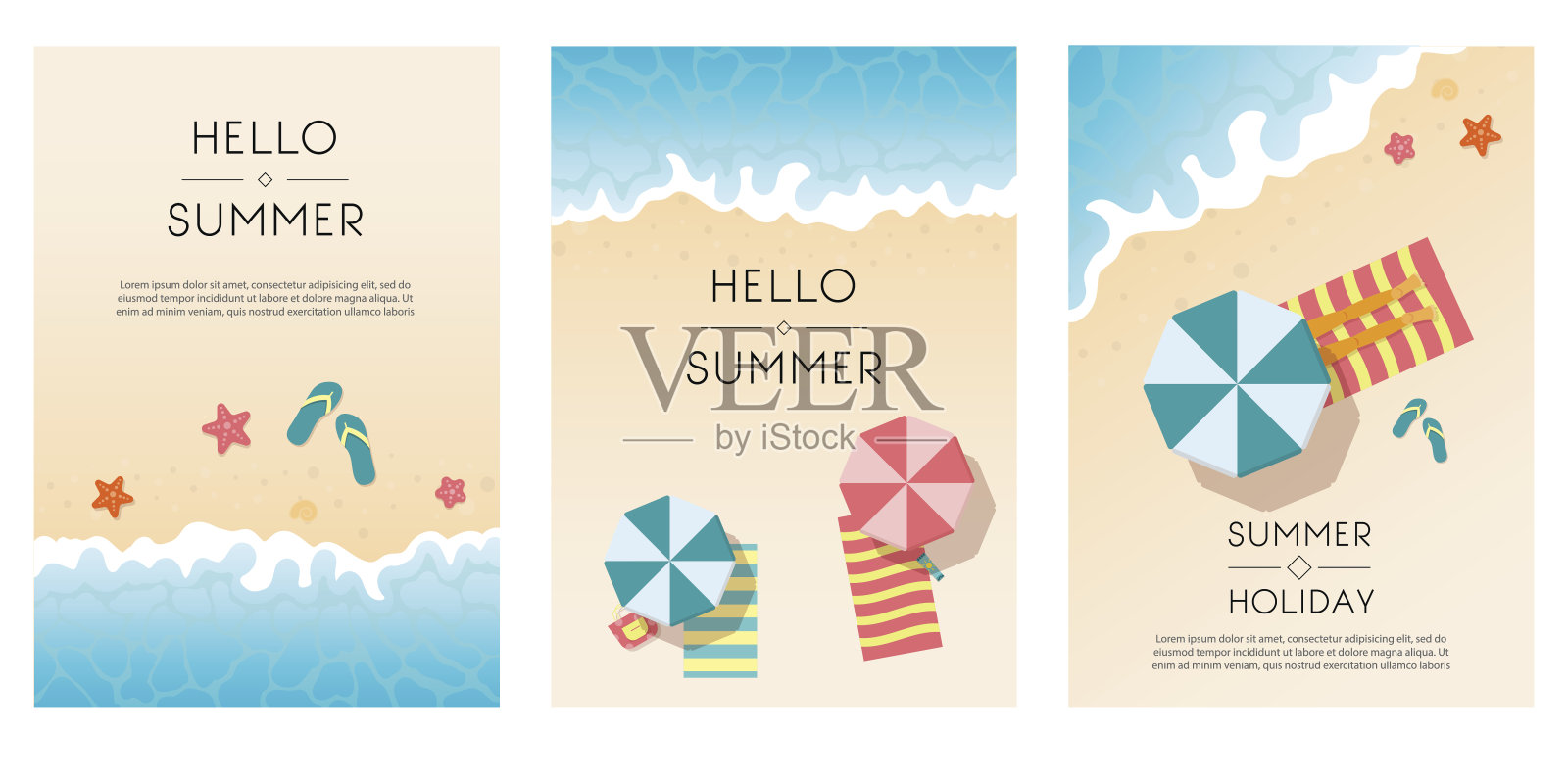 一套夏季旅游传单与海滩项目和波浪。设计模板素材