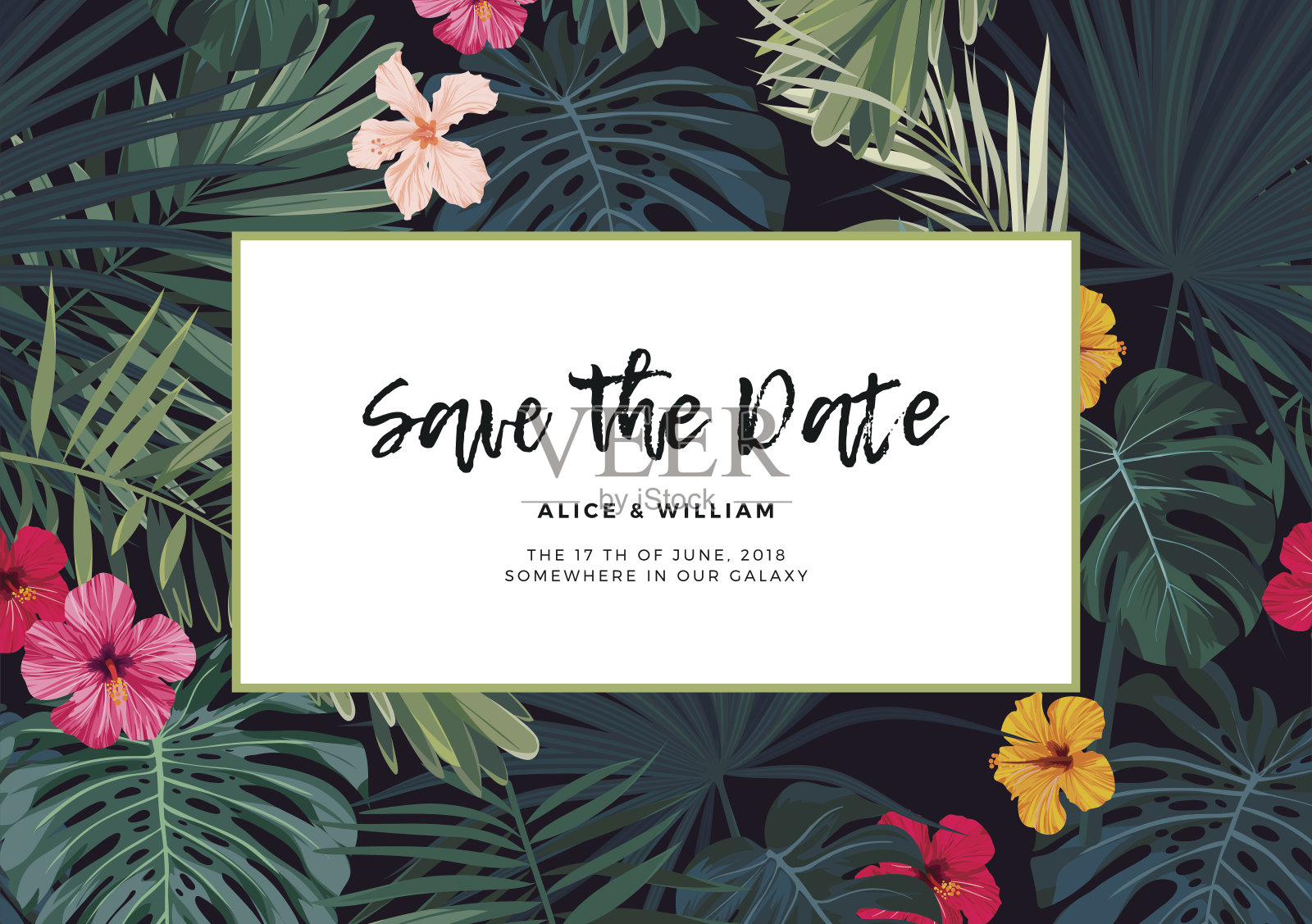热带矢量婚礼邀请设计与木槿花和异国情调的棕榈叶在黑暗的背景设计模板素材