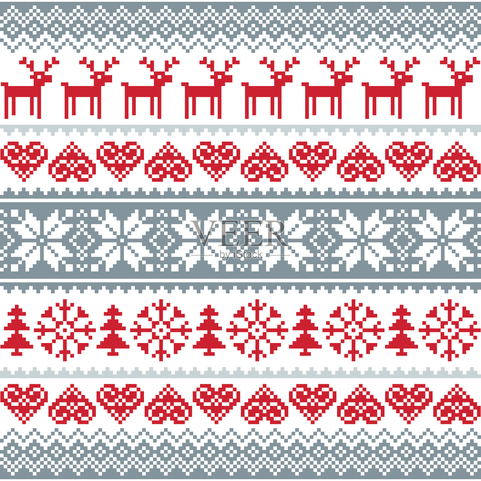 冬天，圣诞节红色和灰色无缝图案，北欧背景与驯鹿和雪花插画图片素材