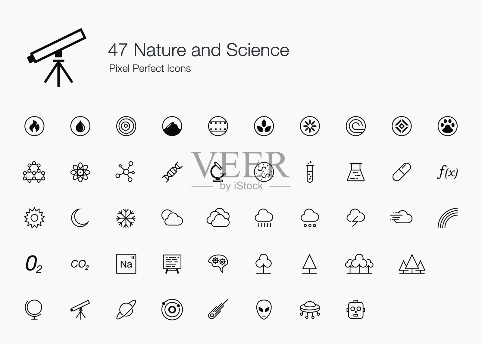 47自然与科学像素完美图标(线条样式)插画图片素材