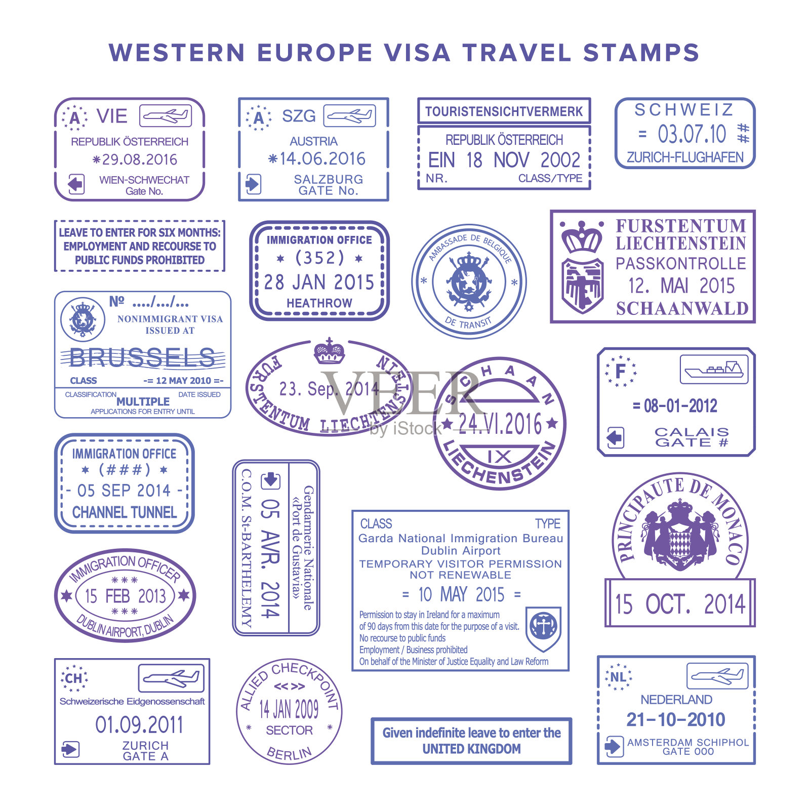 矢量西欧普通旅游签证邮票套插画图片素材