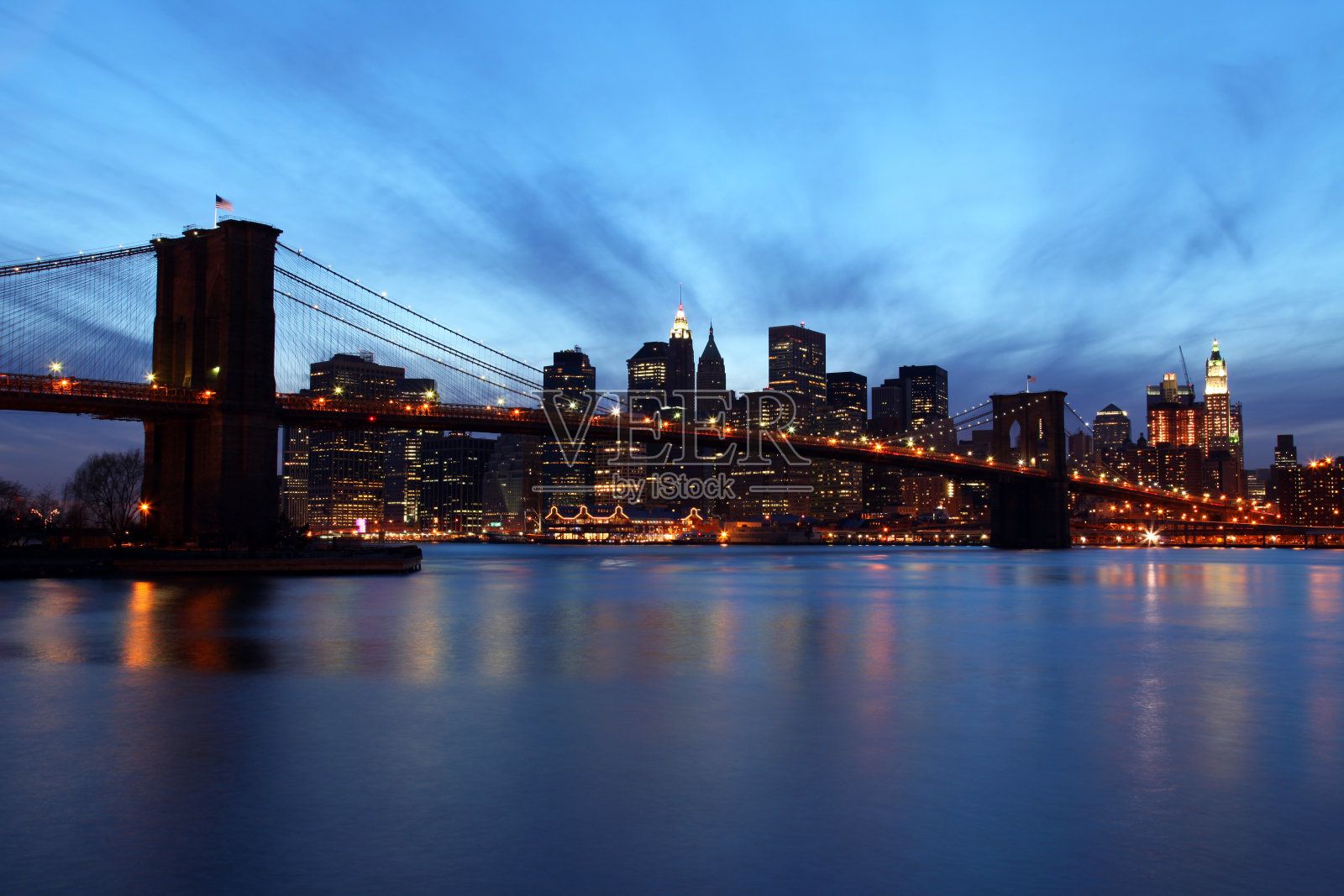 布鲁克林大桥和曼哈顿天际线黄昏，纽约市照片摄影图片