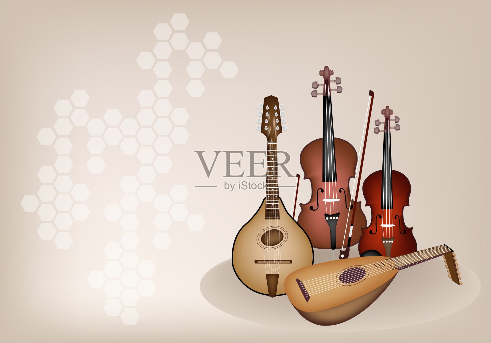 古董乐器弦在棕色的舞台背景插画图片素材