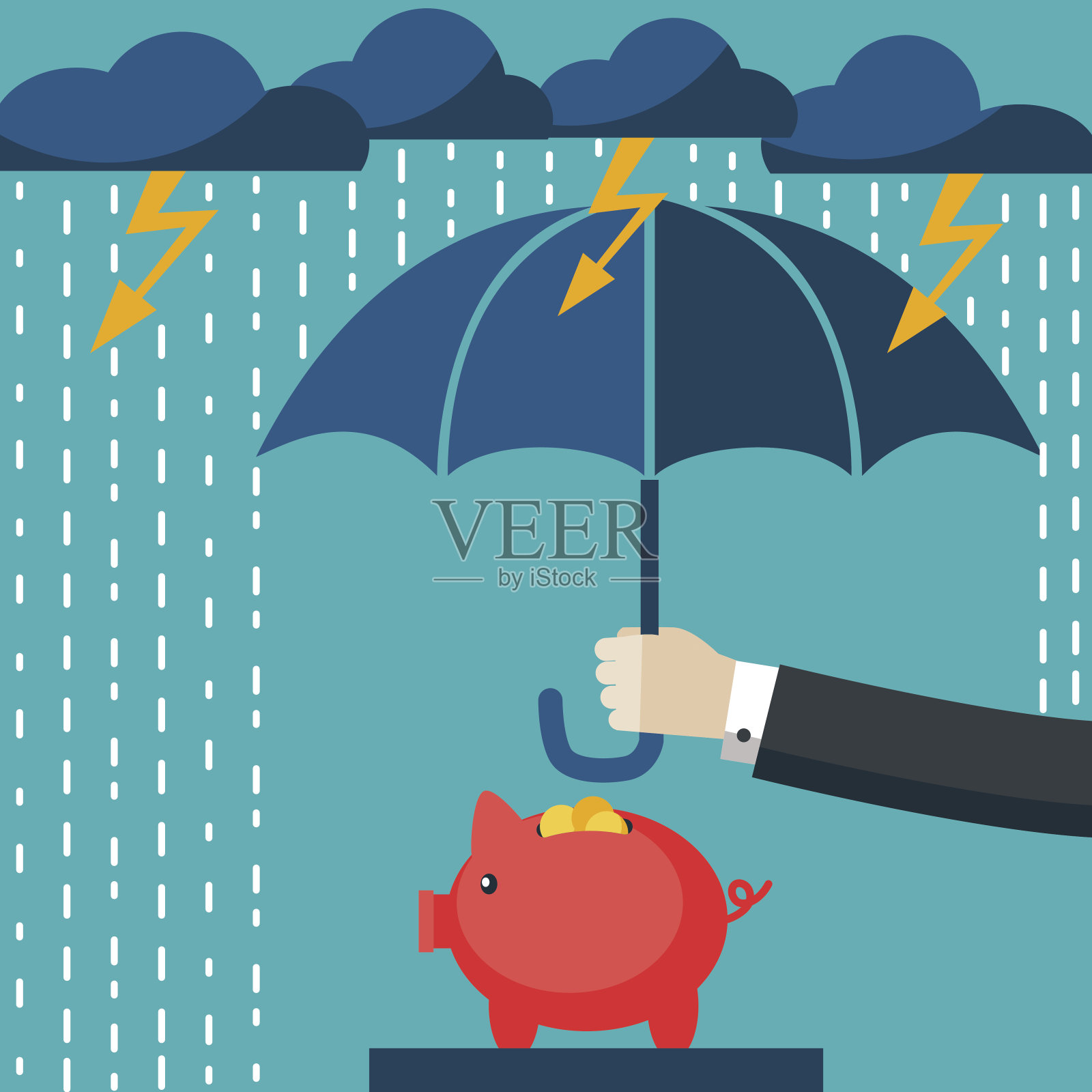 商人用雨伞保护他的存钱罐。存钱的概念插画图片素材
