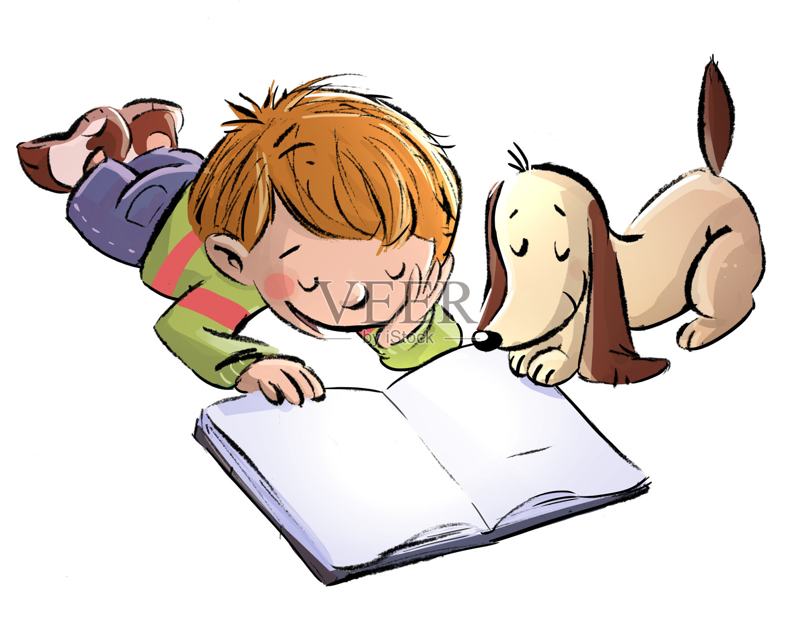 狗狗阅读的男孩插画图片素材