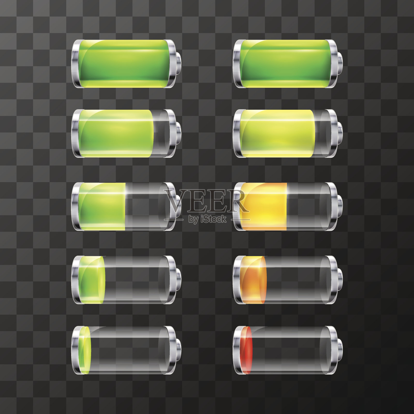 明亮的电池图标与不同的充电水平隔离在白色插画图片素材