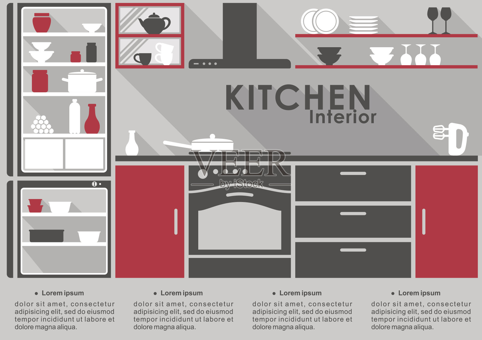 厨房室内平面设计，有长长的阴影插画图片素材