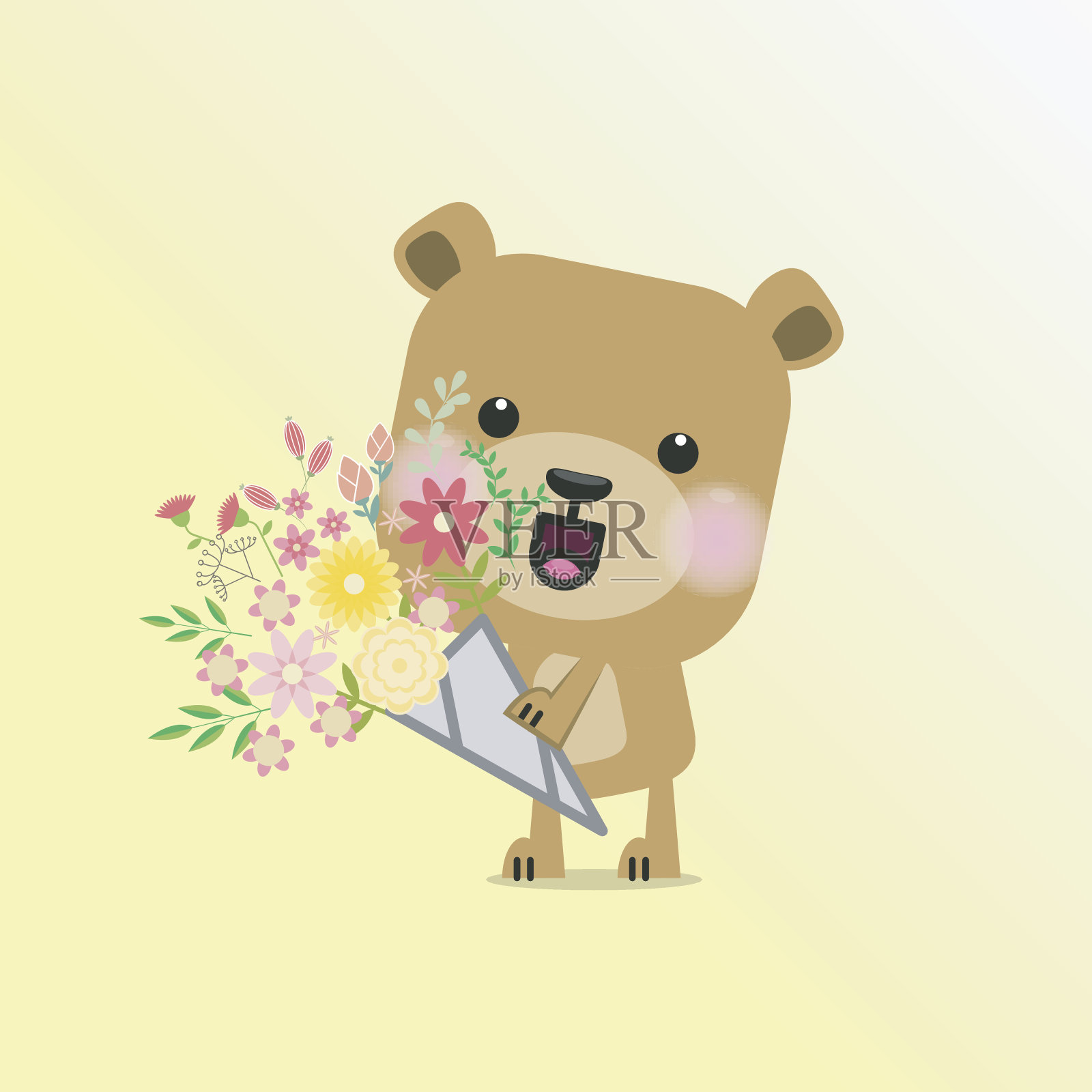 可爱的小泰迪熊微笑着送一束花插画图片素材