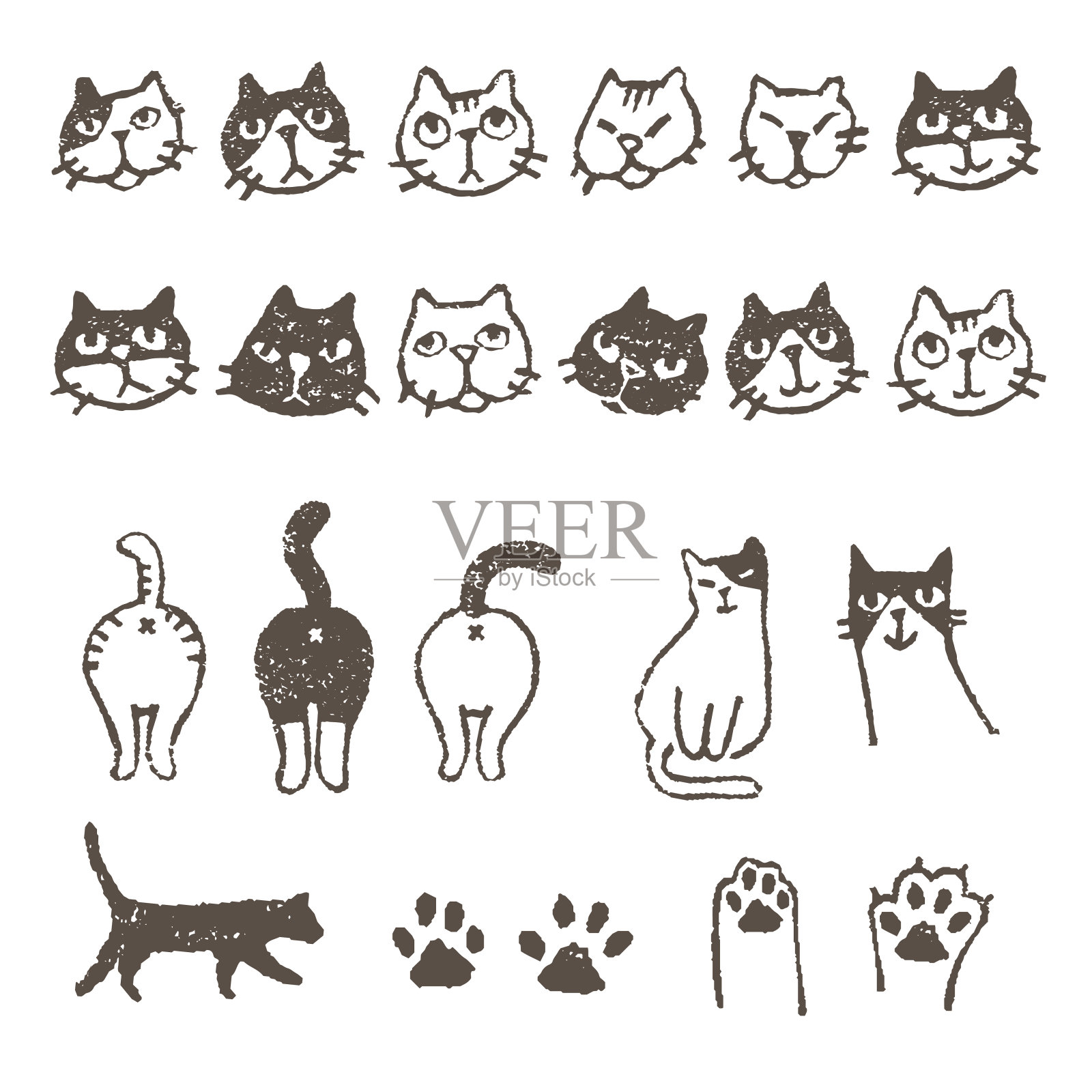 各种各样的猫，脸，爪子和脚印插画图片素材