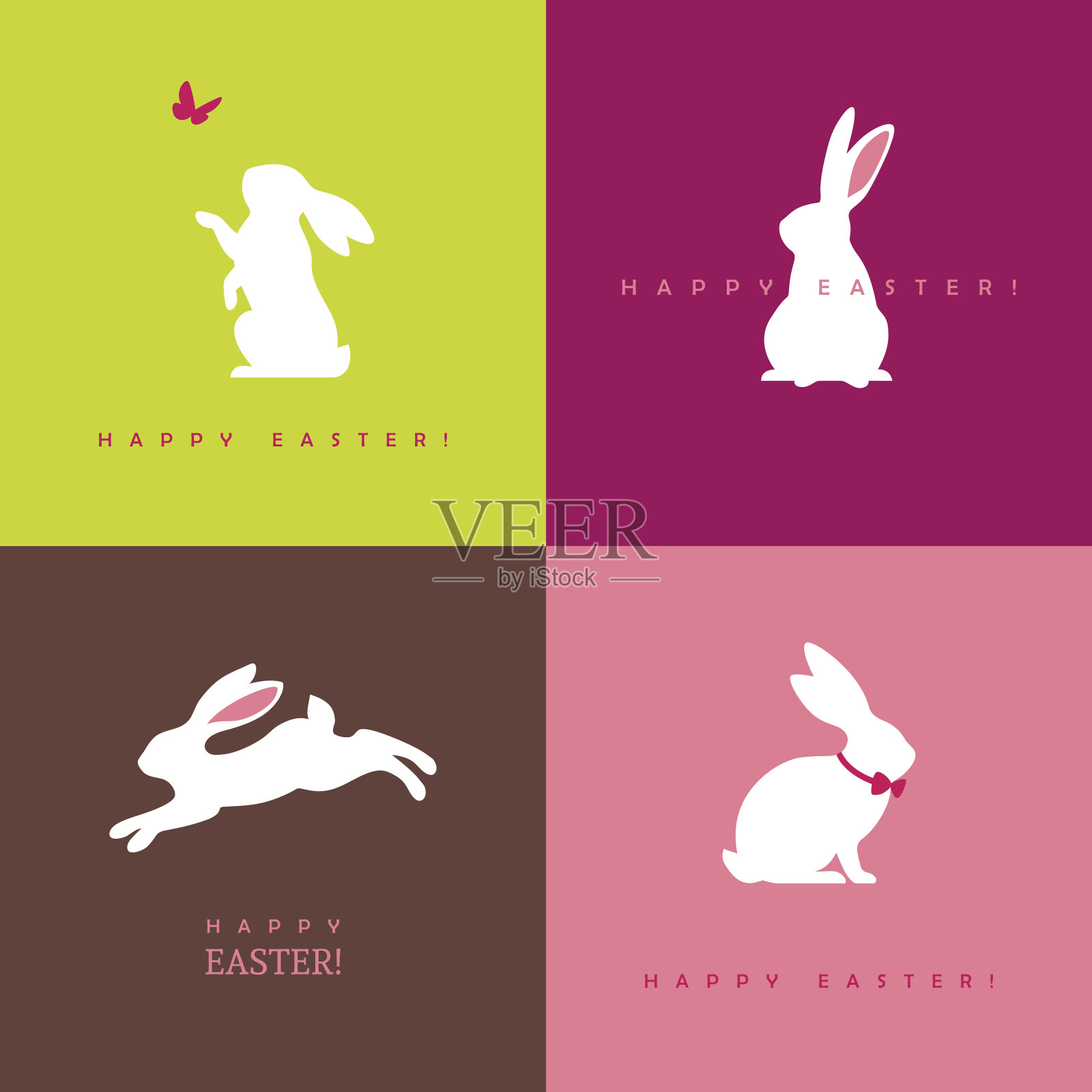 四只白色兔子的剪影插画图片素材