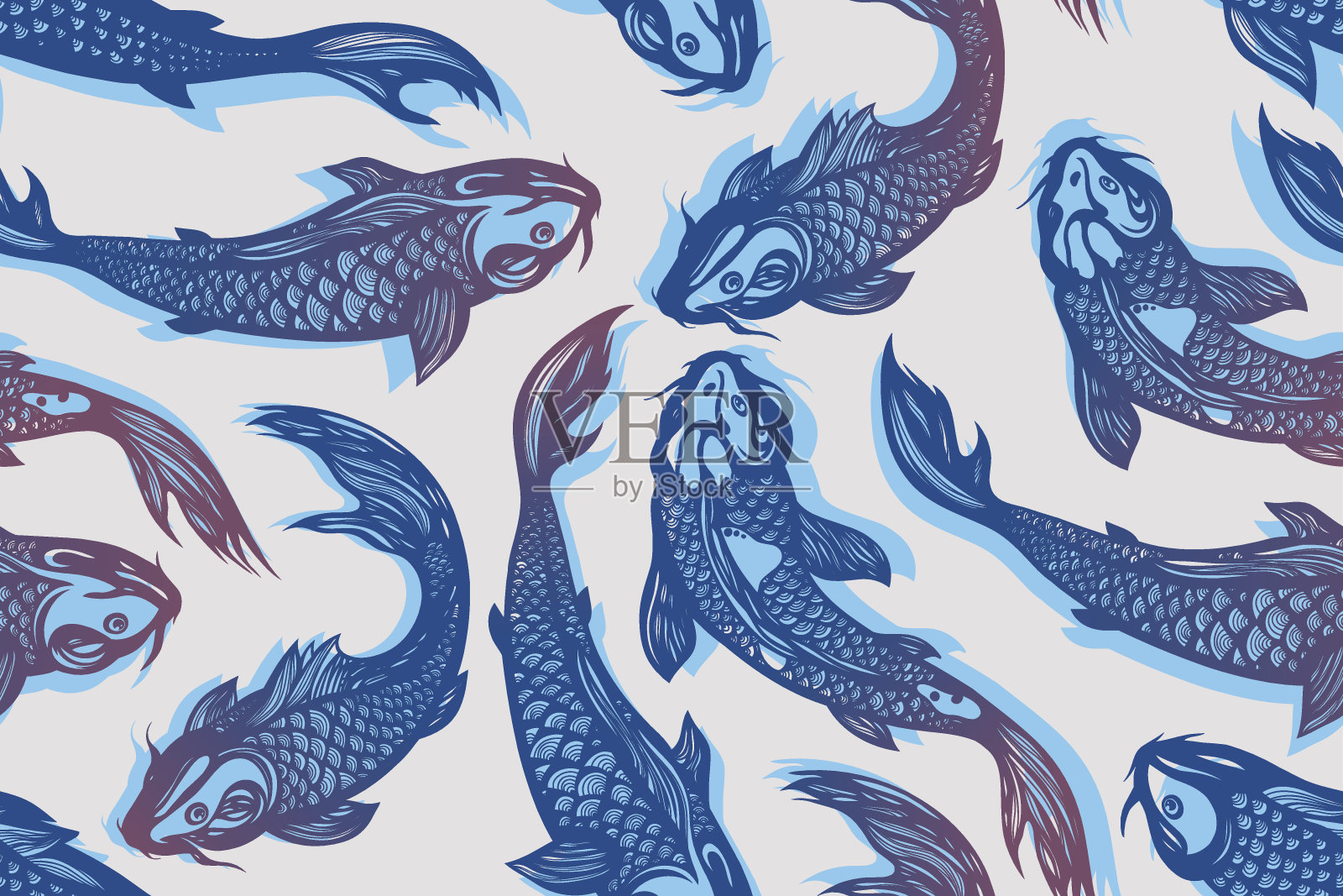 无缝图案与锦鲤鱼。池塘。背景在中国风格。手绘。矢量插图。插画图片素材