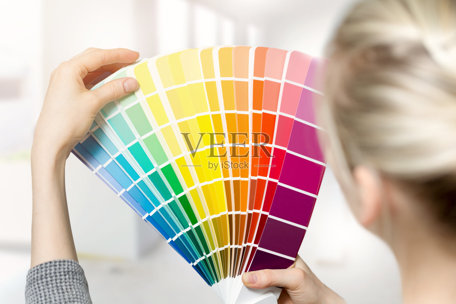 女人选择家庭室内油漆颜色从斯沃琪目录照片摄影图片