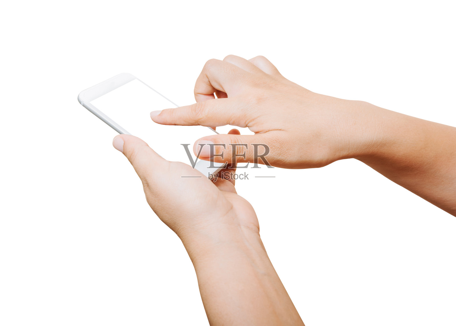 孤立的女性手持和触摸屏智能手机在白色的背景照片摄影图片