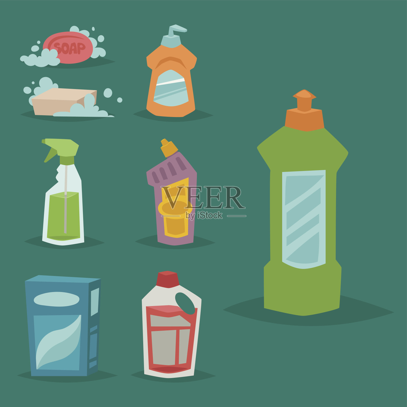 清洁剂瓶化学家务用品护理清洗设备清洗液平面矢量插图插画图片素材